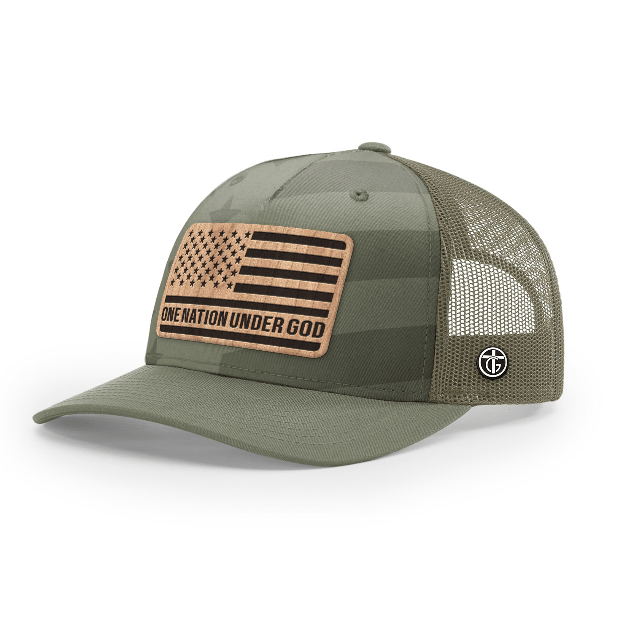OurTrueGod Customs Hat Snapback / Loden and Tonal Stars and Stripes / One Size One Nation Under God Wood Patch Camo Hats