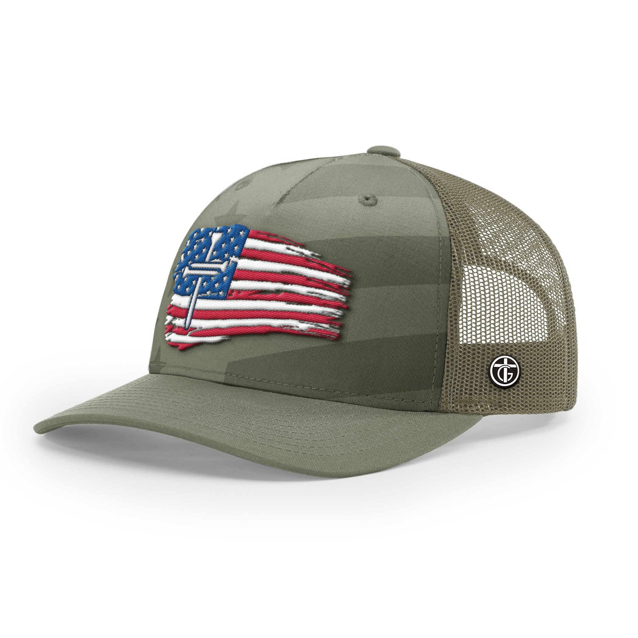 OurTrueGod Customs Hat Snapback / Loden and Tonal Stars and Stripes / One Size Tattered Flag Cross Camo Hats