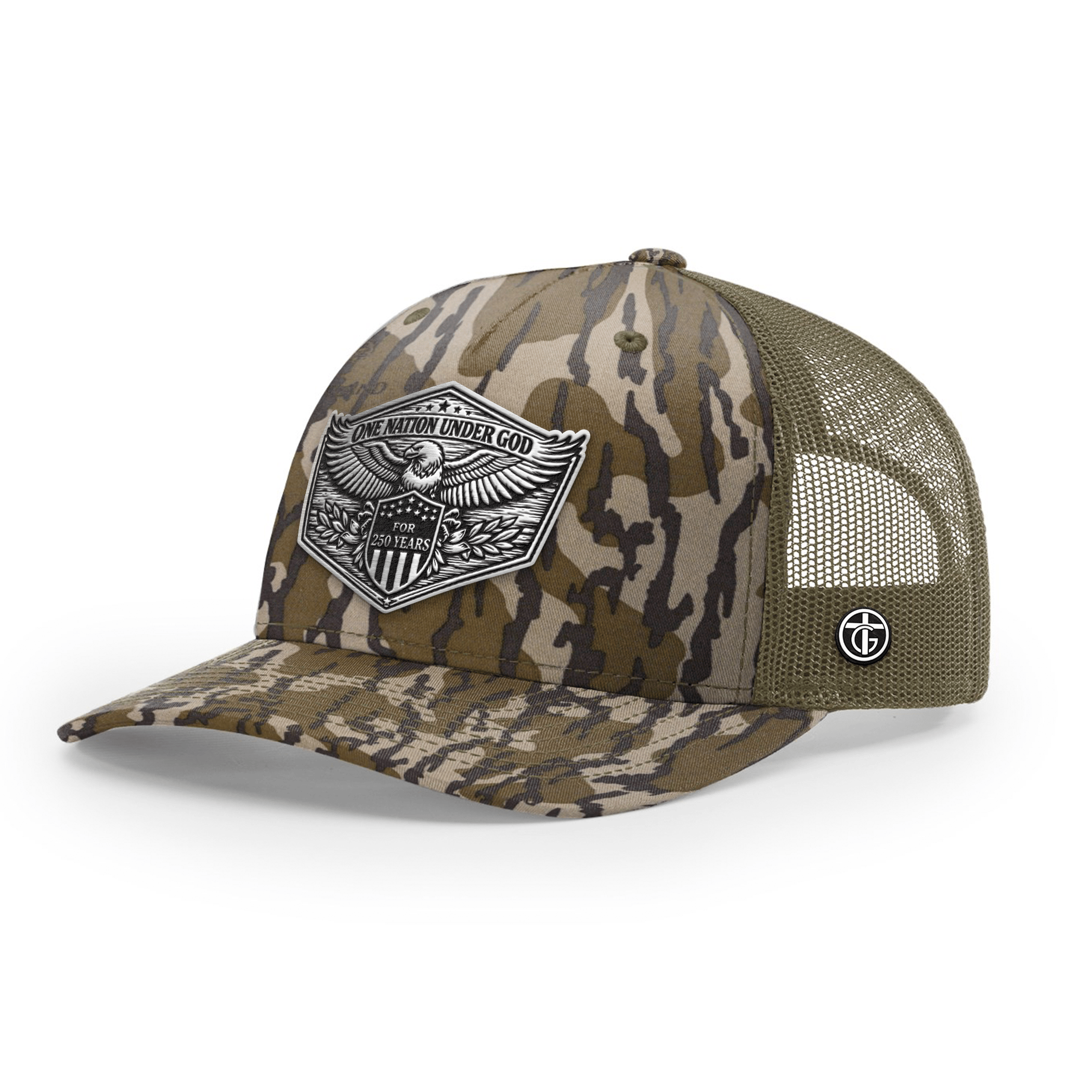 OurTrueGod Customs Hat Snapback / Mossy Oak Bottomland and Loden / One Size One Nation Under God 250th Year Hat