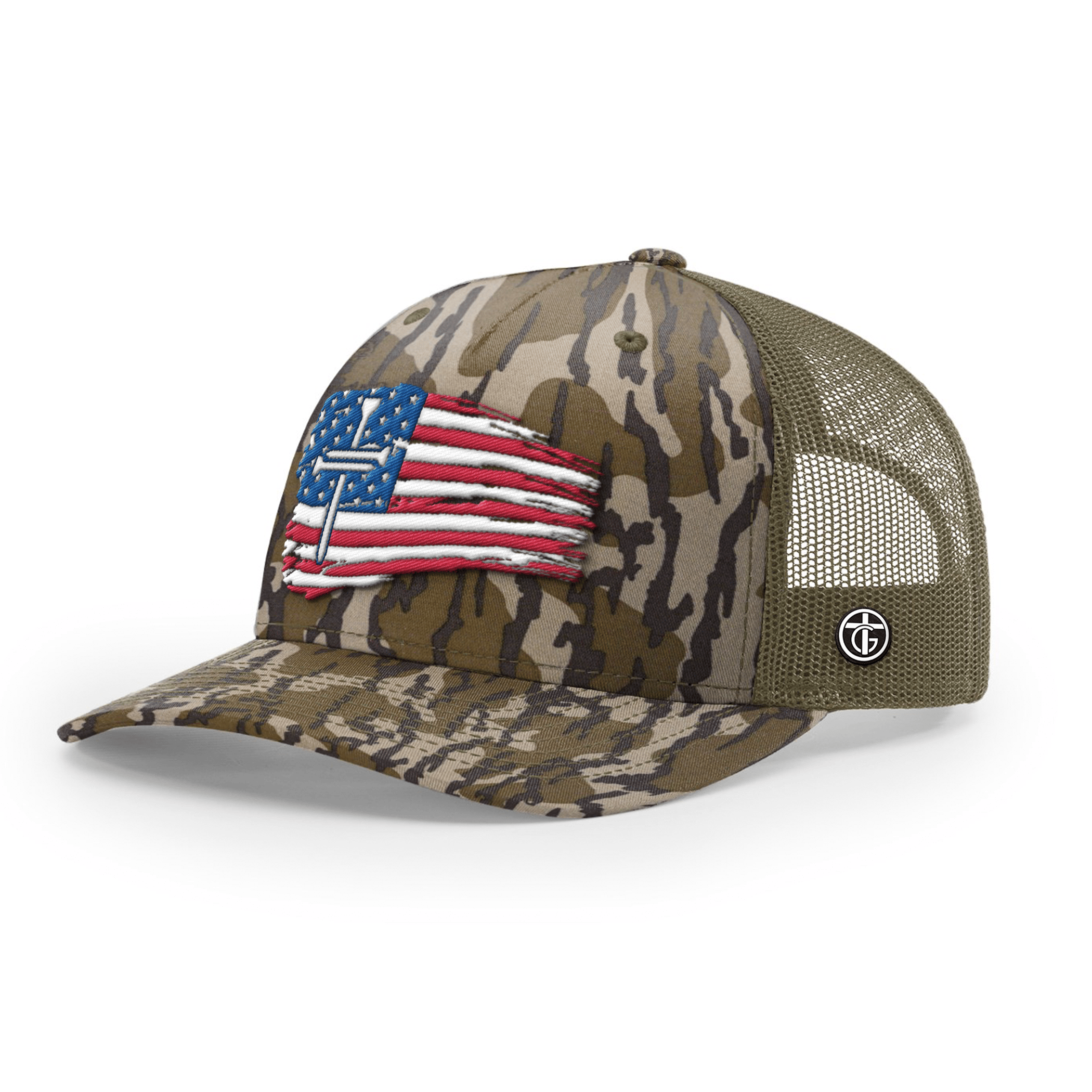 OurTrueGod Customs Hat Snapback / Mossy Oak Bottomland and Loden / One Size Tattered Flag Cross Camo Hats