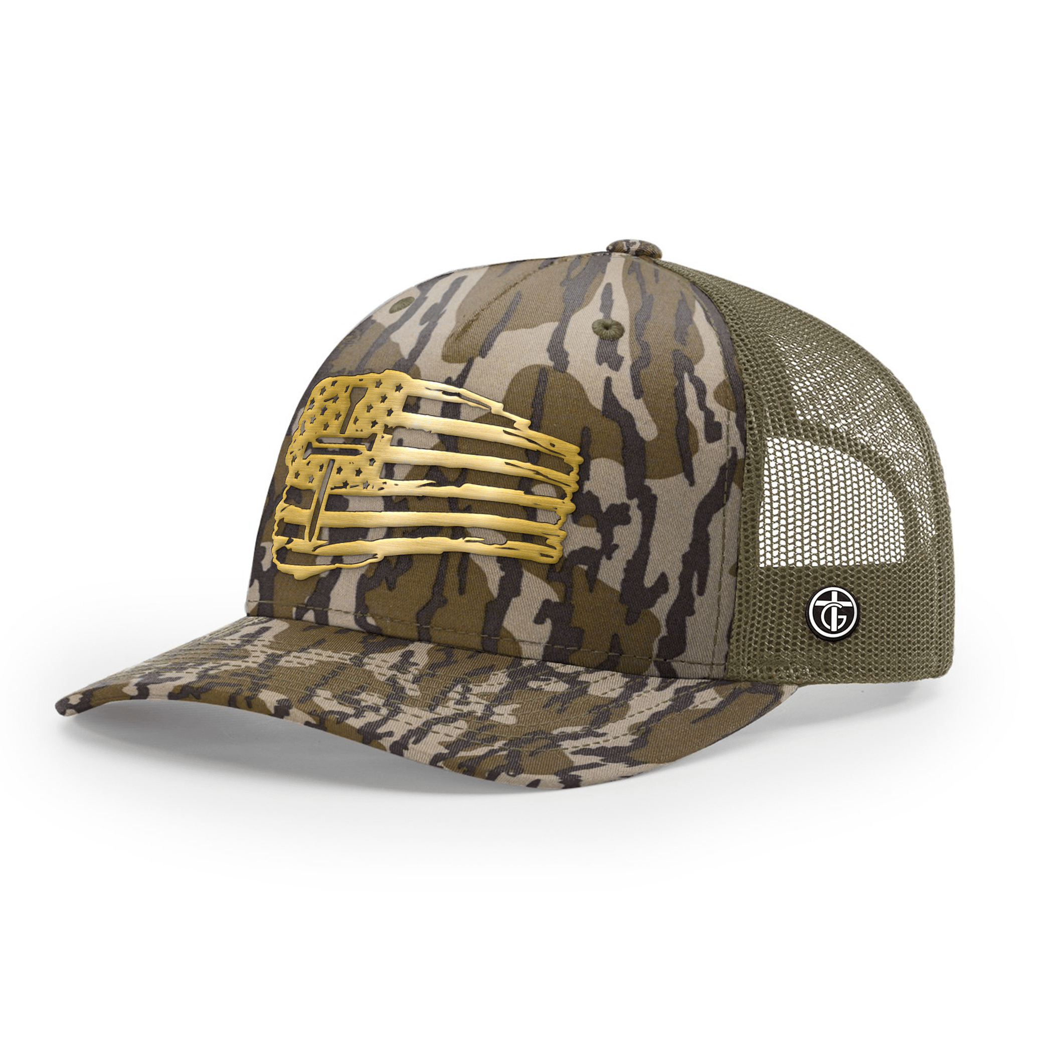 OurTrueGod Customs Hat Snapback / Mossy Oak Bottomland and Loden / One Size Tattered Flag Cross Gold Metal Patch Camo Hats