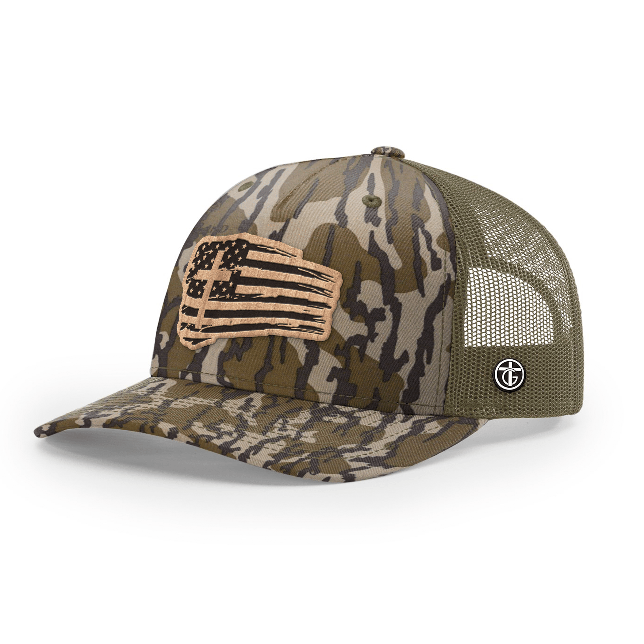 OurTrueGod Customs Hat Snapback / Mossy Oak Bottomland and Loden / One Size Tattered Flag Wood Patch Camo Hats