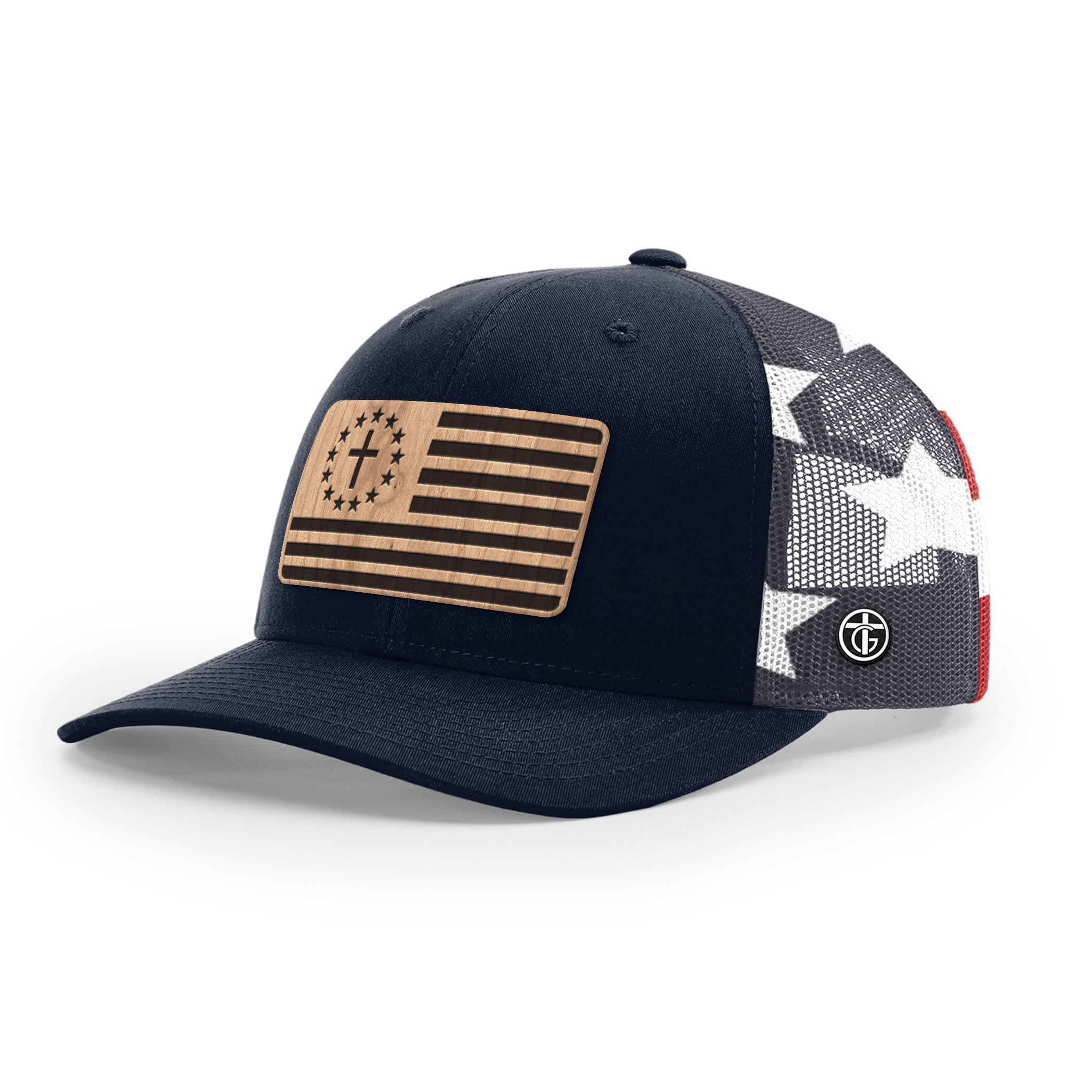 OurTrueGod Customs Hat Snapback / Navy and Stars Stripes / One Size Betsy Ross Flag Wood Patch Camo Hats
