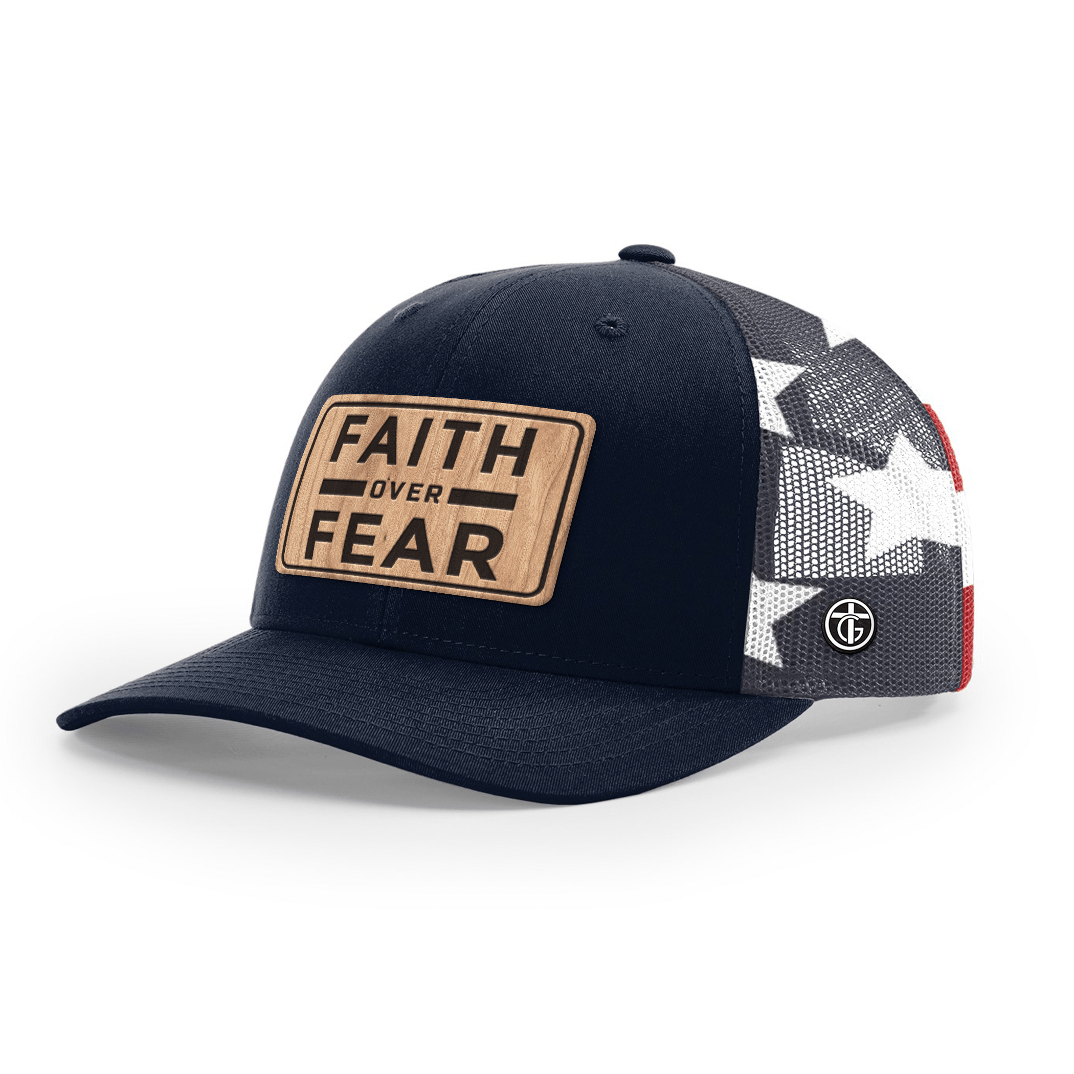OurTrueGod Customs Hat Snapback / Navy and Stars Stripes / One Size Faith Over Fear Camo Wood Patch Camo Hats