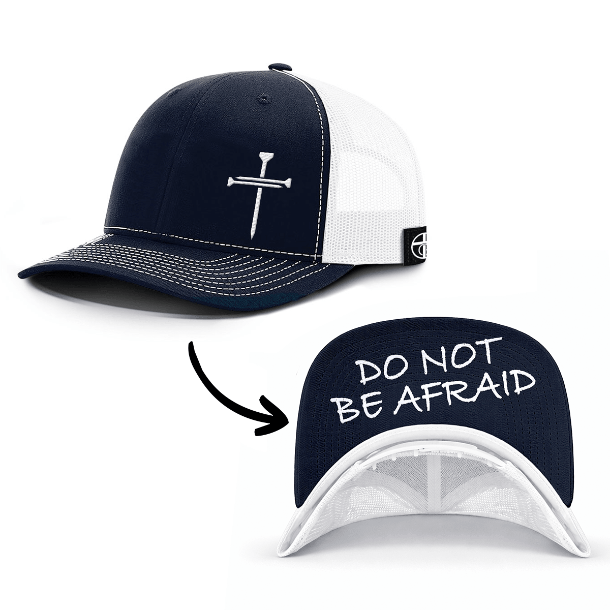OurTrueGod Customs Hat Snapback / Navy and White / One Size 3 Nail Cross - Do Not Be Afraid Prayer Print Hats