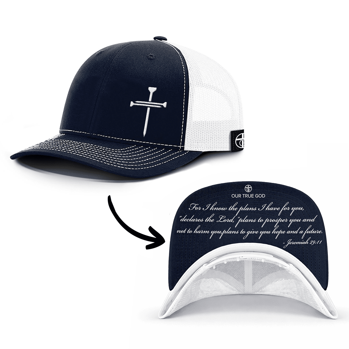 OurTrueGod Customs Hat Snapback / Navy and White / One Size 3 Nail Cross - Jeremiah 29:11 Prayer Print Hats