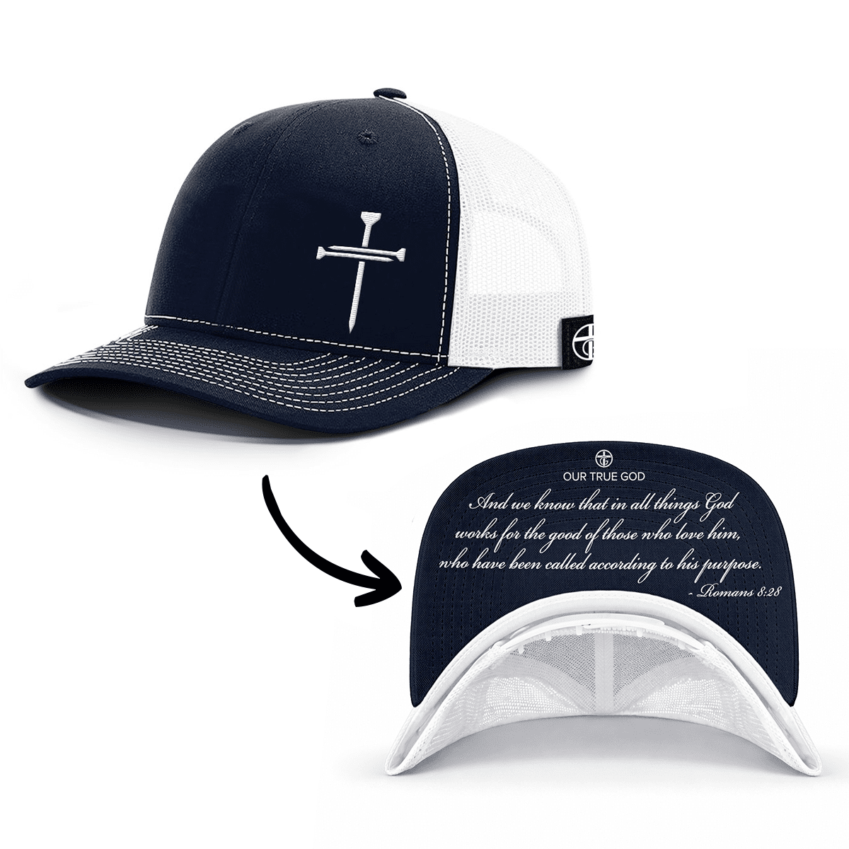 OurTrueGod Customs Hat Snapback / Navy and White / One Size 3 Nail Cross - Romans 8:28 Prayer Print Hats