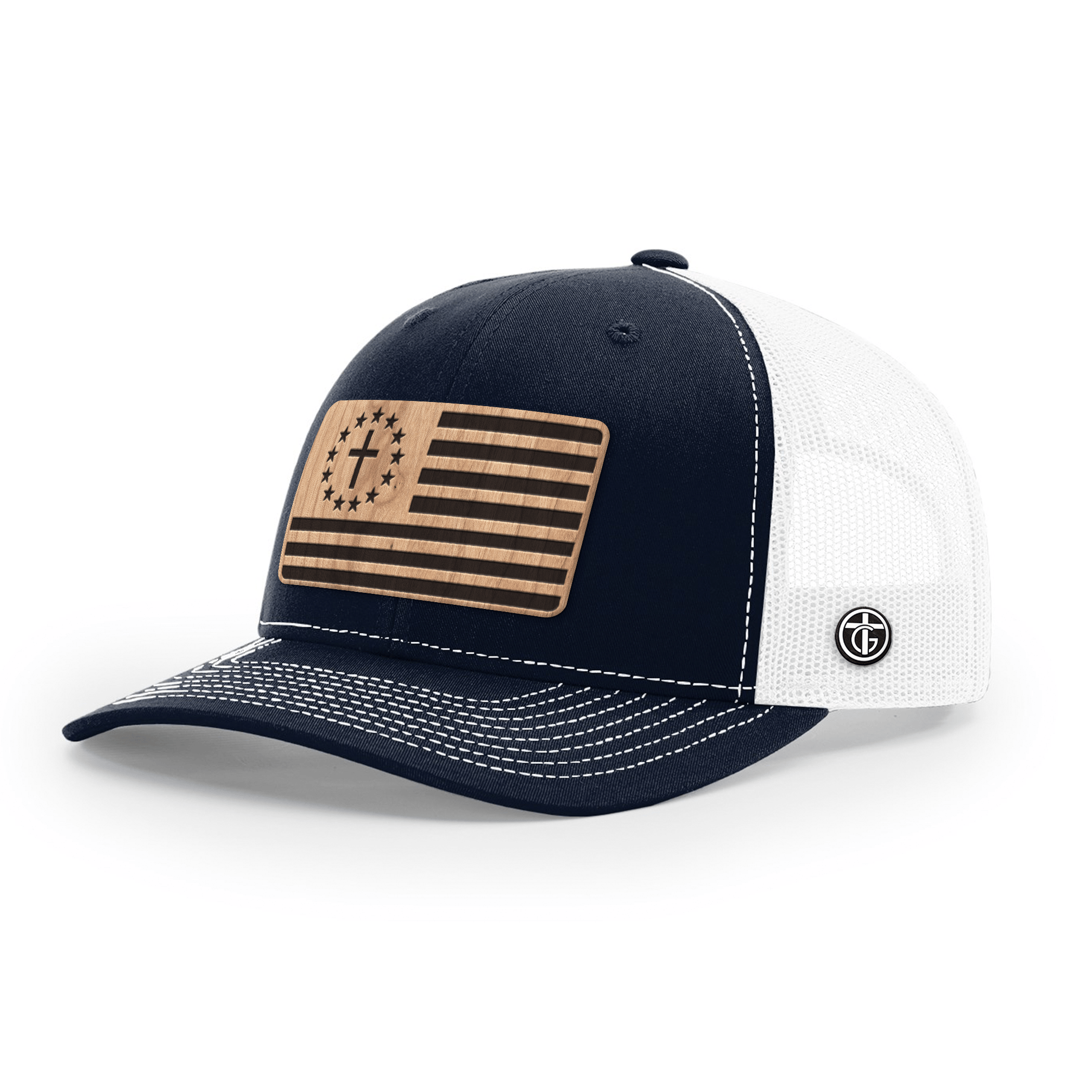 OurTrueGod Customs Hat Snapback / Navy and White / One Size Betsy Ross Flag Wood Patch Hats