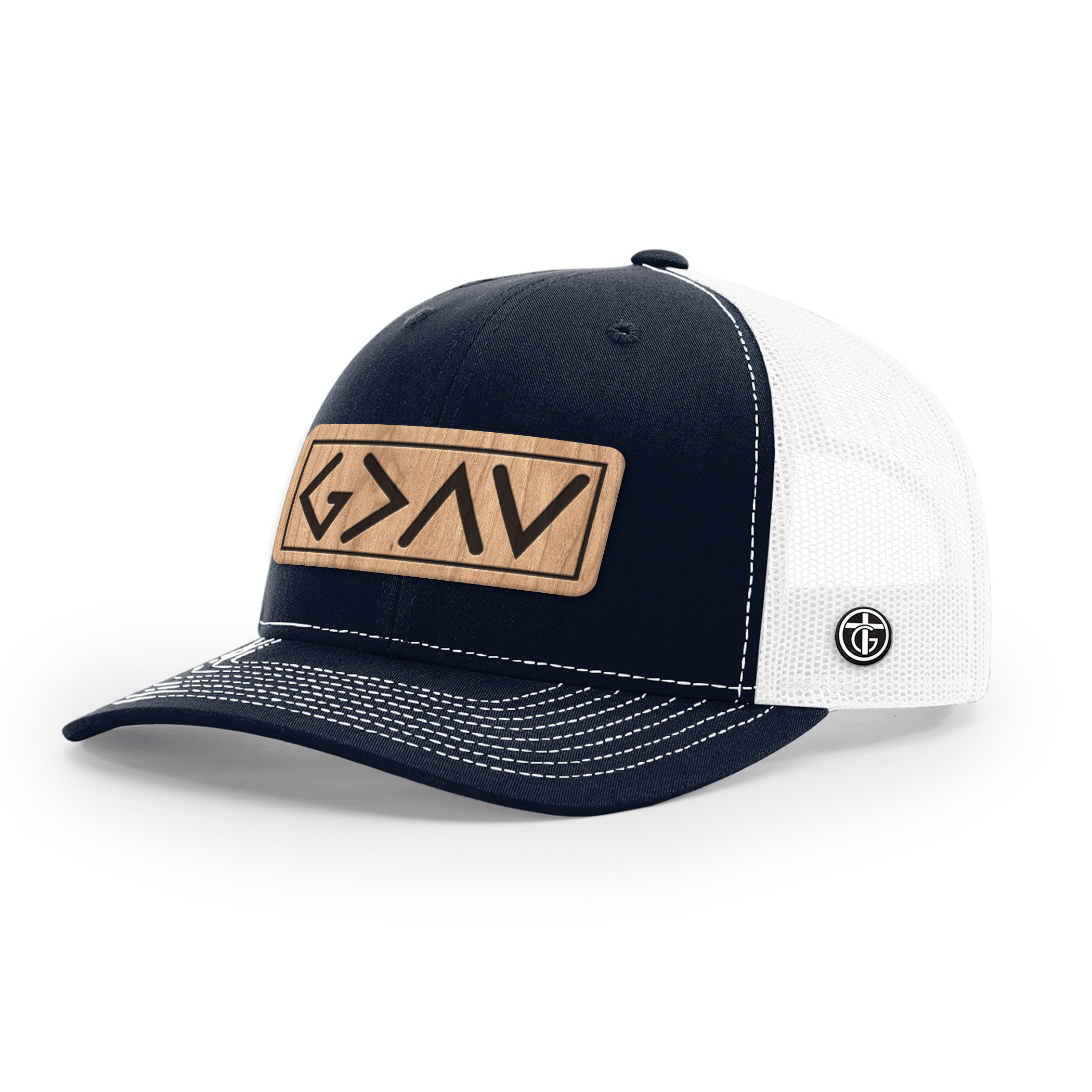 OurTrueGod Customs Hat Snapback / Navy and White / One Size God Is Greater Than The Highs And Lows Wood Patch Hats