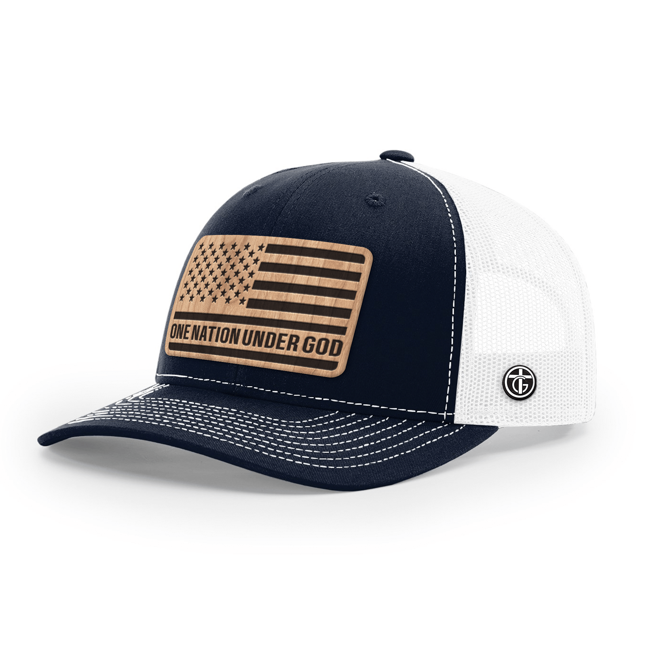 OurTrueGod Customs Hat Snapback / Navy and White / One Size One Nation Under God Wood Patch Hats