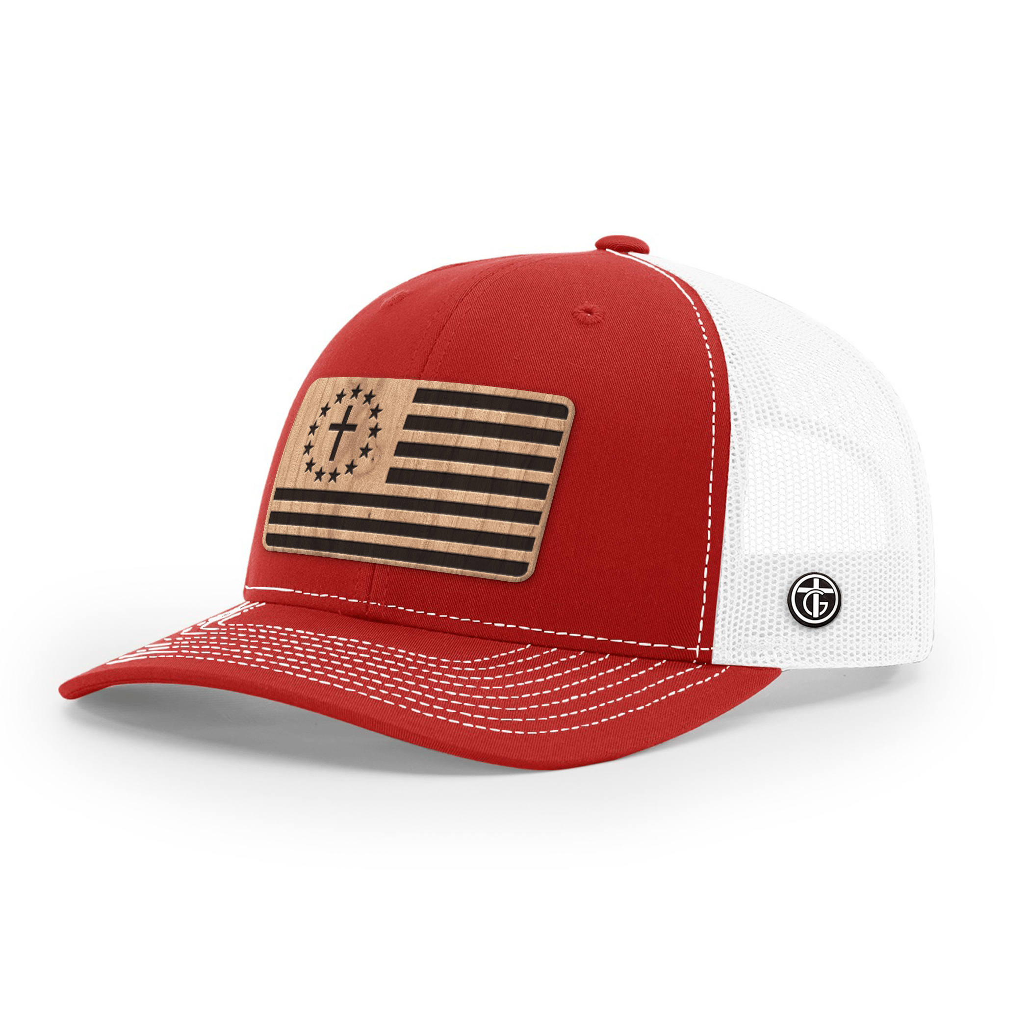 OurTrueGod Customs Hat Snapback / Red And White / One Size Betsy Ross Flag Wood Patch Hats