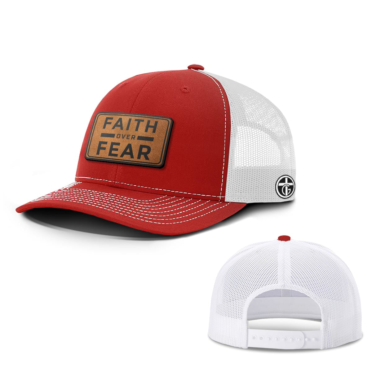 OurTrueGod Customs Hat Snapback / Red And White / One Size Faith Over Fear Leather Patch Hats