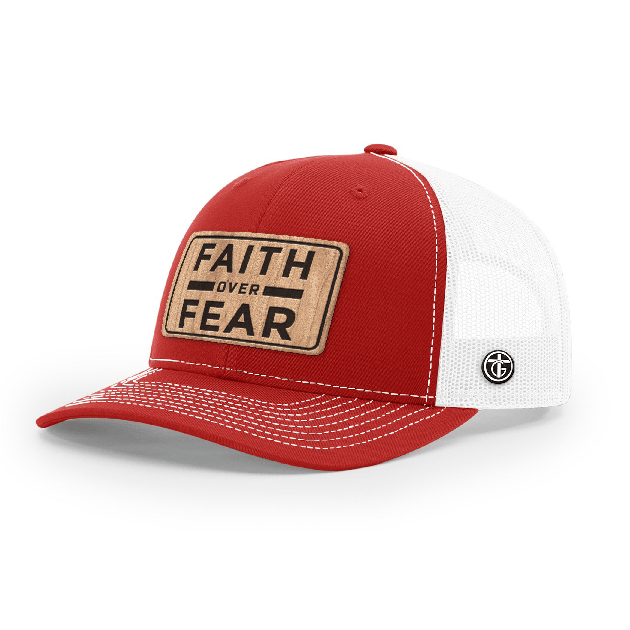 OurTrueGod Customs Hat Snapback / Red And White / One Size Faith Over Fear Wood Patch Hats
