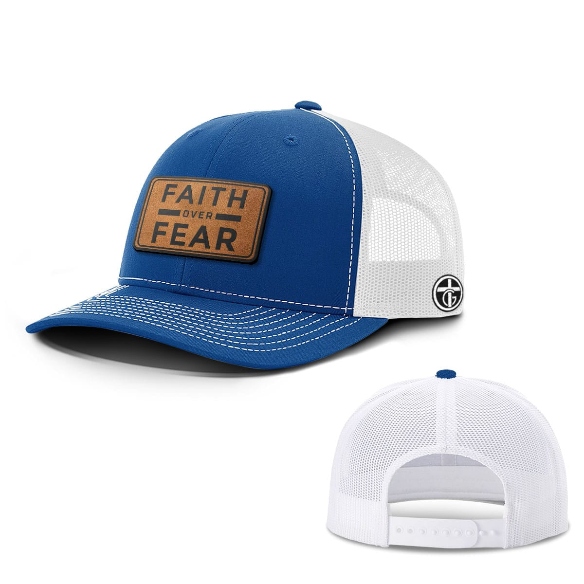 OurTrueGod Customs Hat Snapback / Royal Blue and White / One Size Faith Over Fear Leather Patch Hats