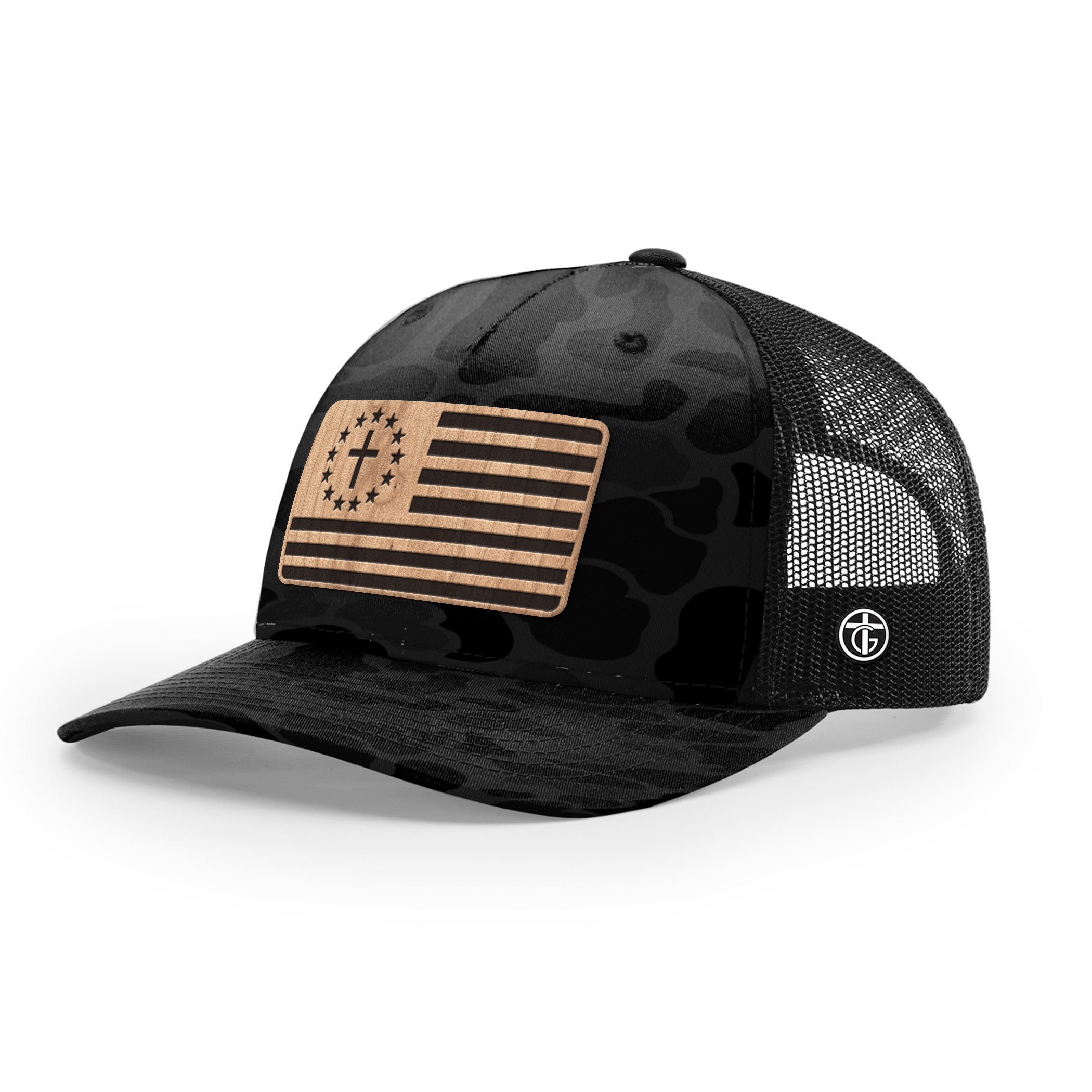 OurTrueGod Customs Hat Snapback / Sable Duck Camo and Black / One Size Betsy Ross Flag Wood Patch Camo Hats