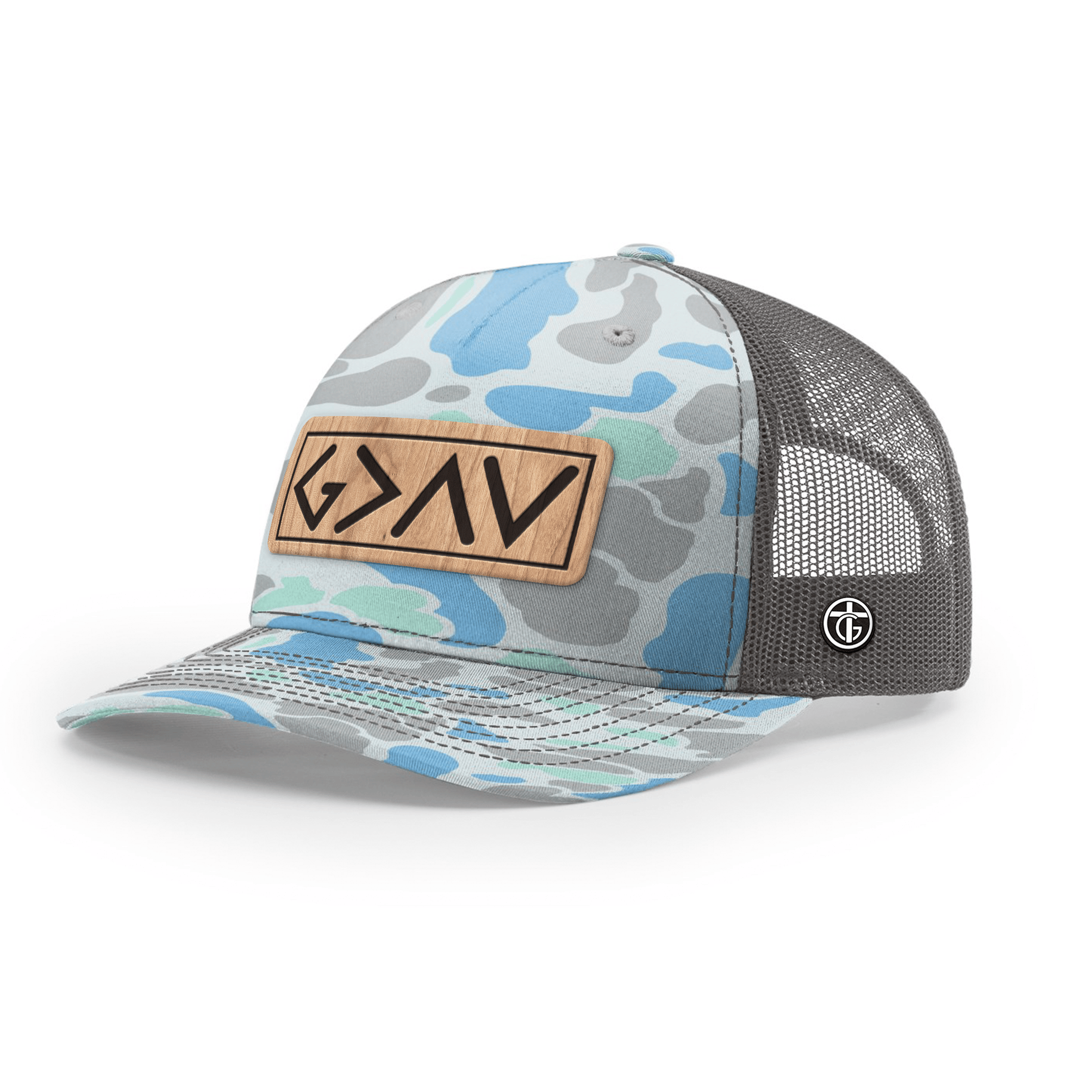 OurTrueGod Customs Hat Snapback / Saltwater Duck Camo and Charcoal / One Size God Is Greater Than The Highs And Lows Wood Patch Camo Hats