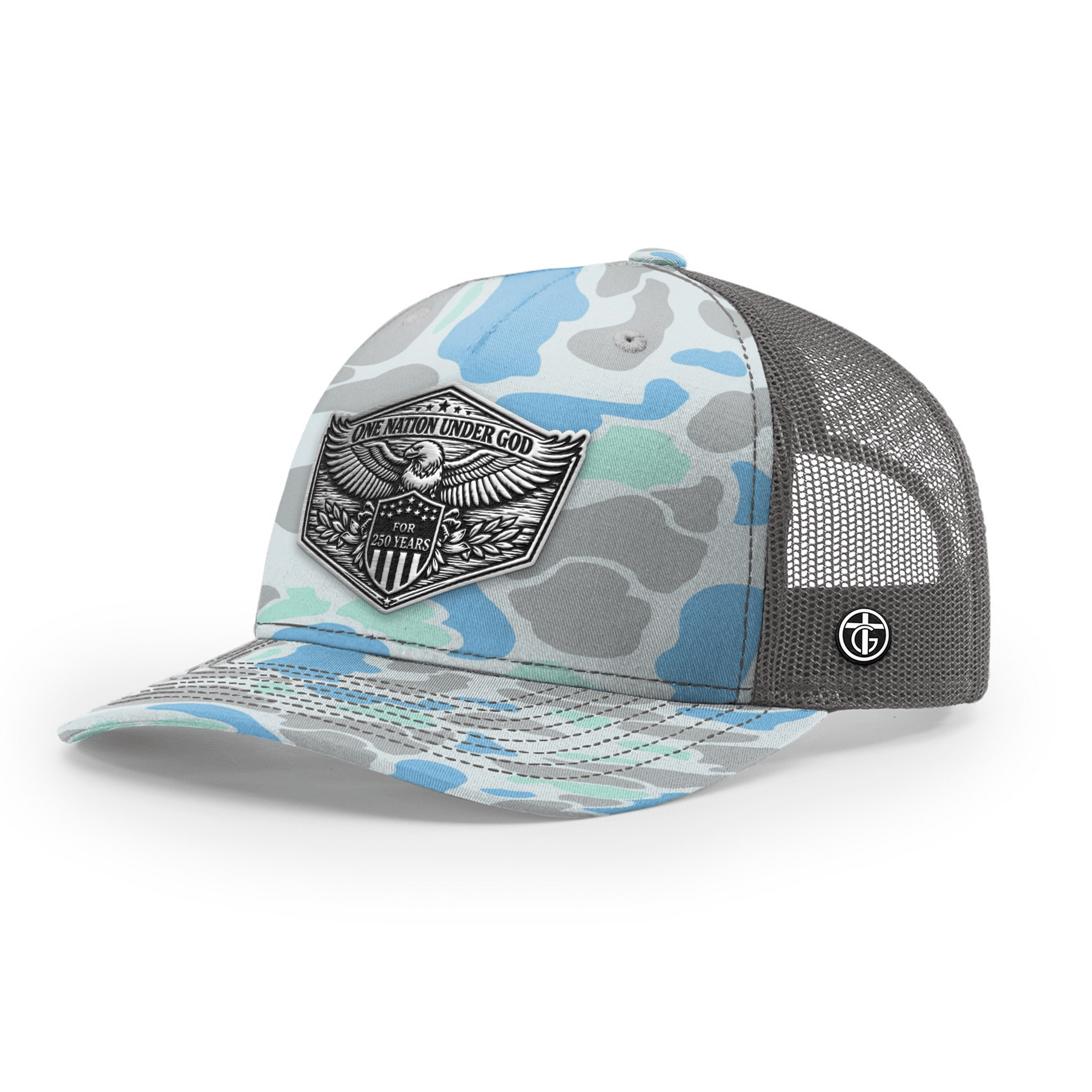 OurTrueGod Customs Hat Snapback / Saltwater Duck Camo and Charcoal / One Size One Nation Under God 250th Year Hat