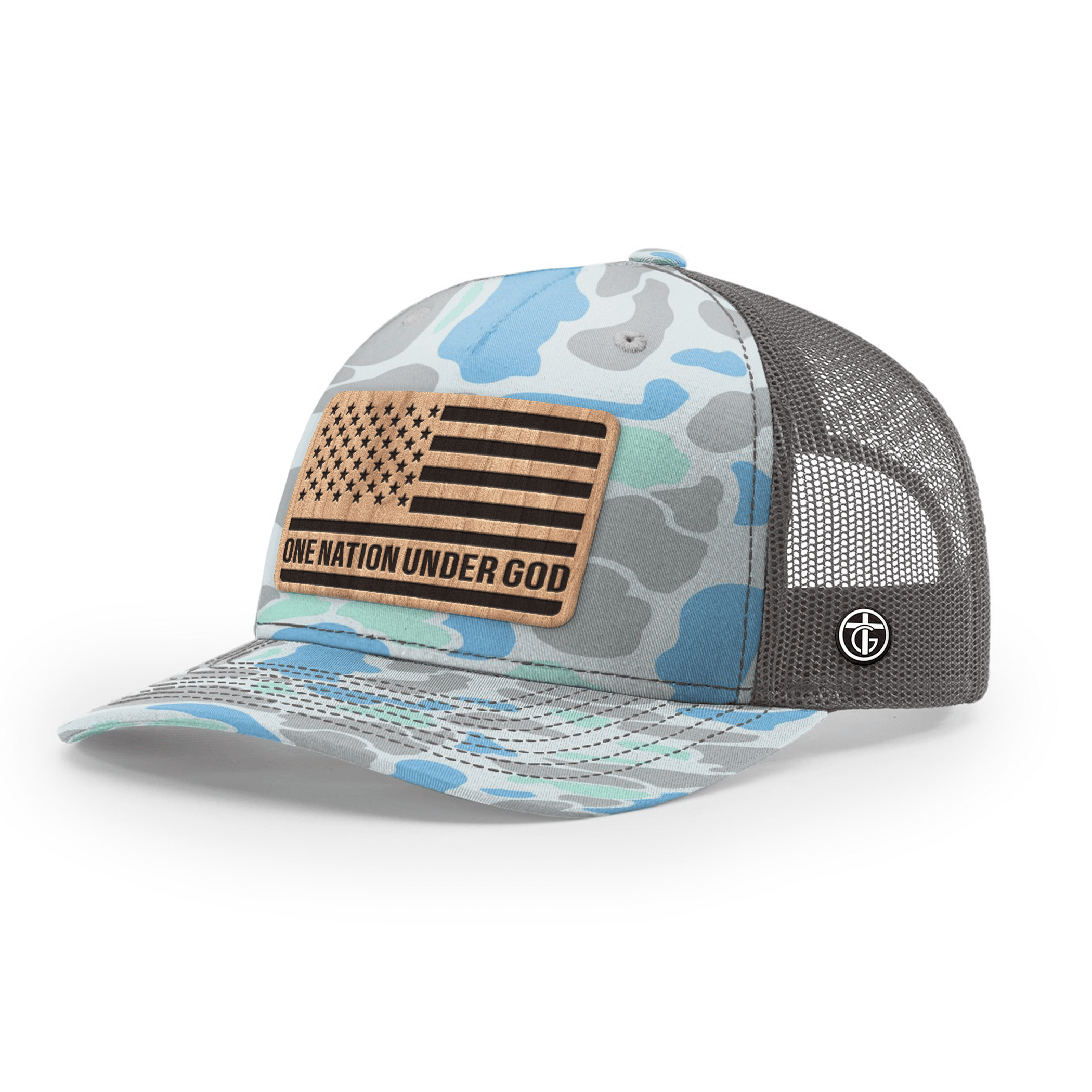 OurTrueGod Customs Hat Snapback / Saltwater Duck Camo and Charcoal / One Size One Nation Under God Wood Patch Camo Hats