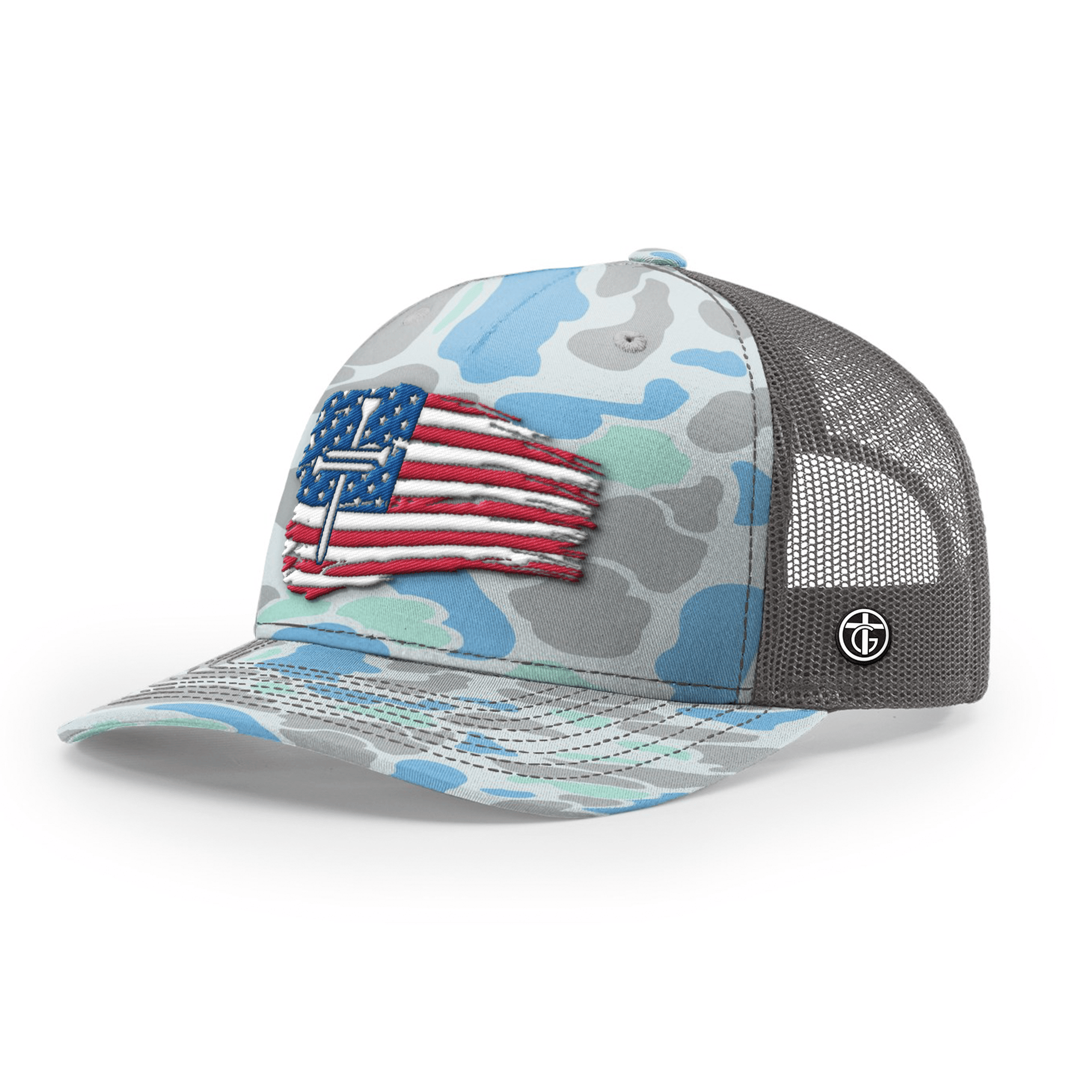 OurTrueGod Customs Hat Snapback / Saltwater Duck Camo and Charcoal / One Size Tattered Flag Cross Camo Hats