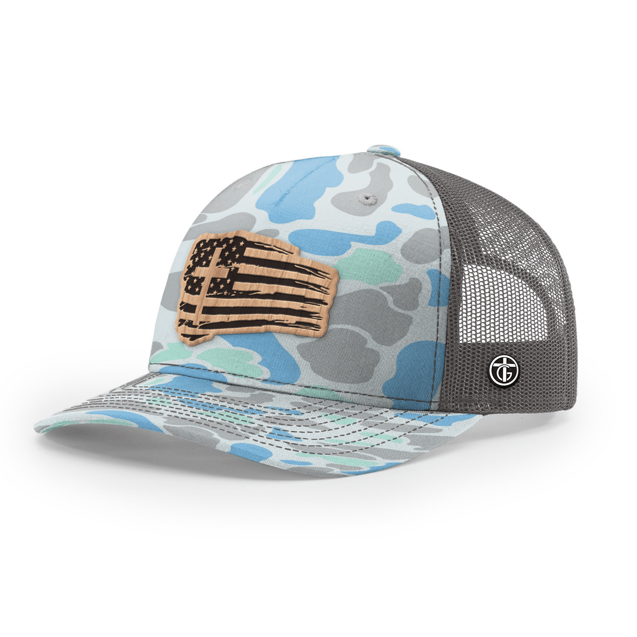 OurTrueGod Customs Hat Snapback / Saltwater Duck Camo and Charcoal / One Size Tattered Flag Wood Patch Camo Hats