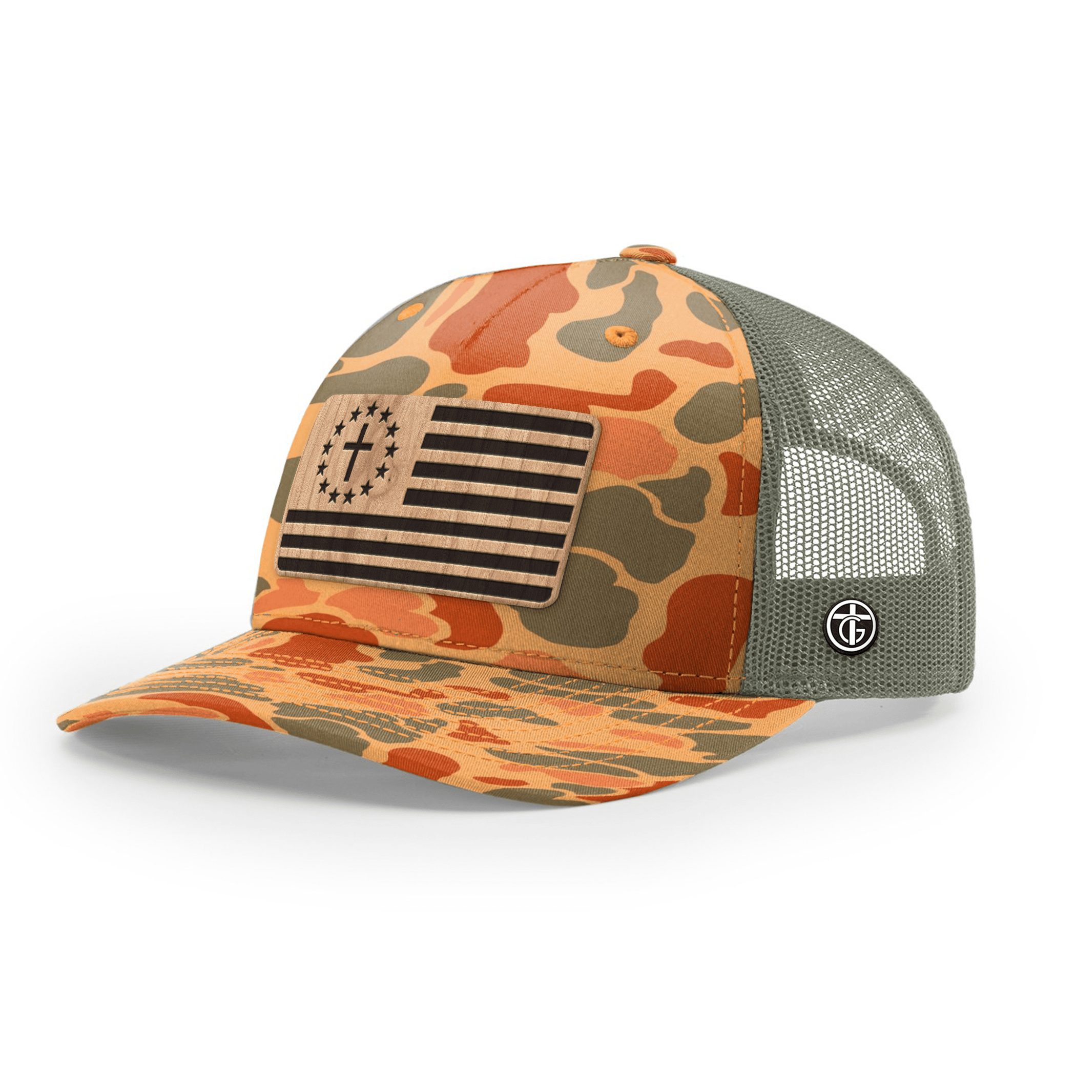 OurTrueGod Customs Hat Snapback / Sienna Duck Camo and Loden / One Size Betsy Ross Flag Wood Patch Camo Hats
