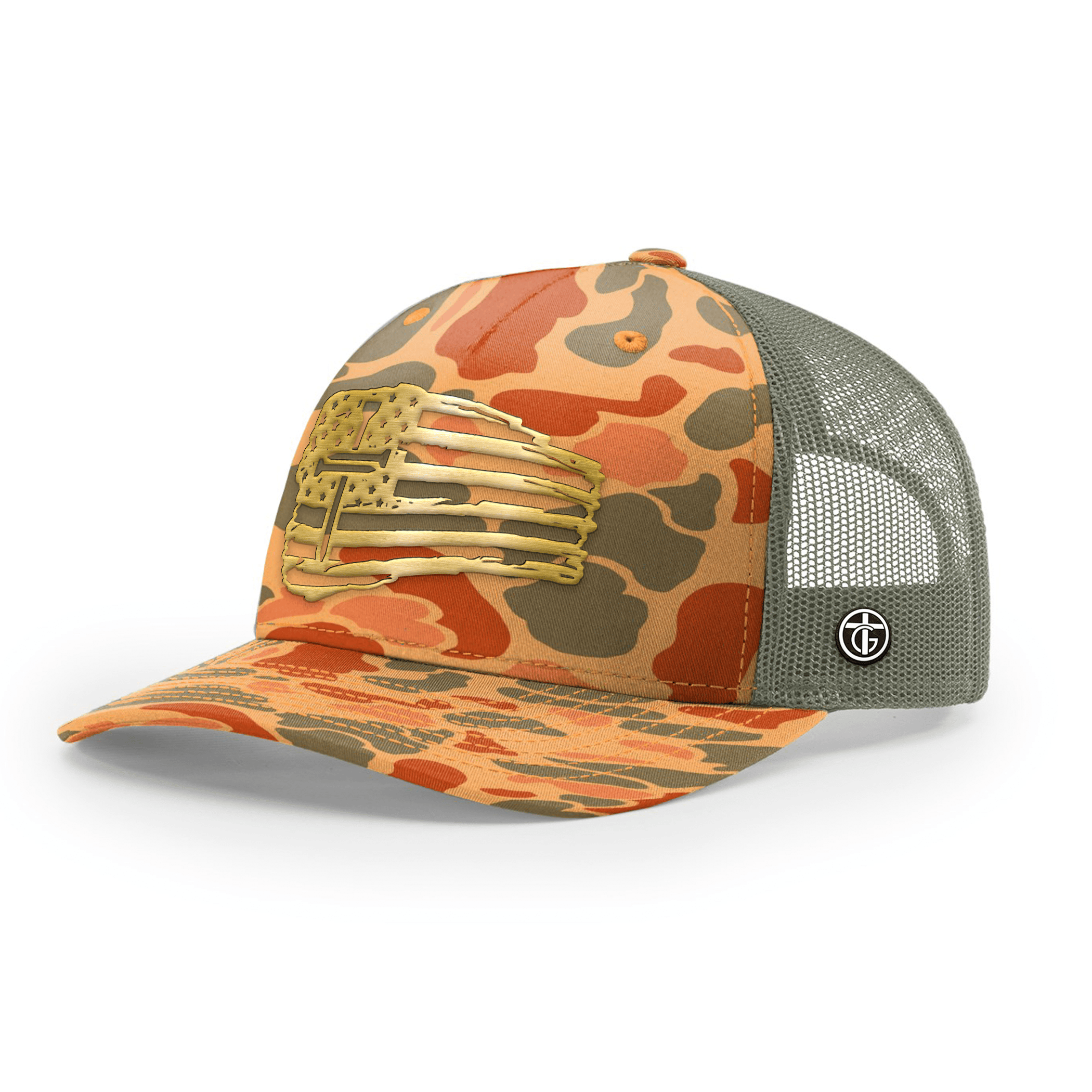 OurTrueGod Customs Hat Snapback / Sienna Duck Camo and Loden / One Size Tattered Flag Cross Gold Metal Patch Camo Hats