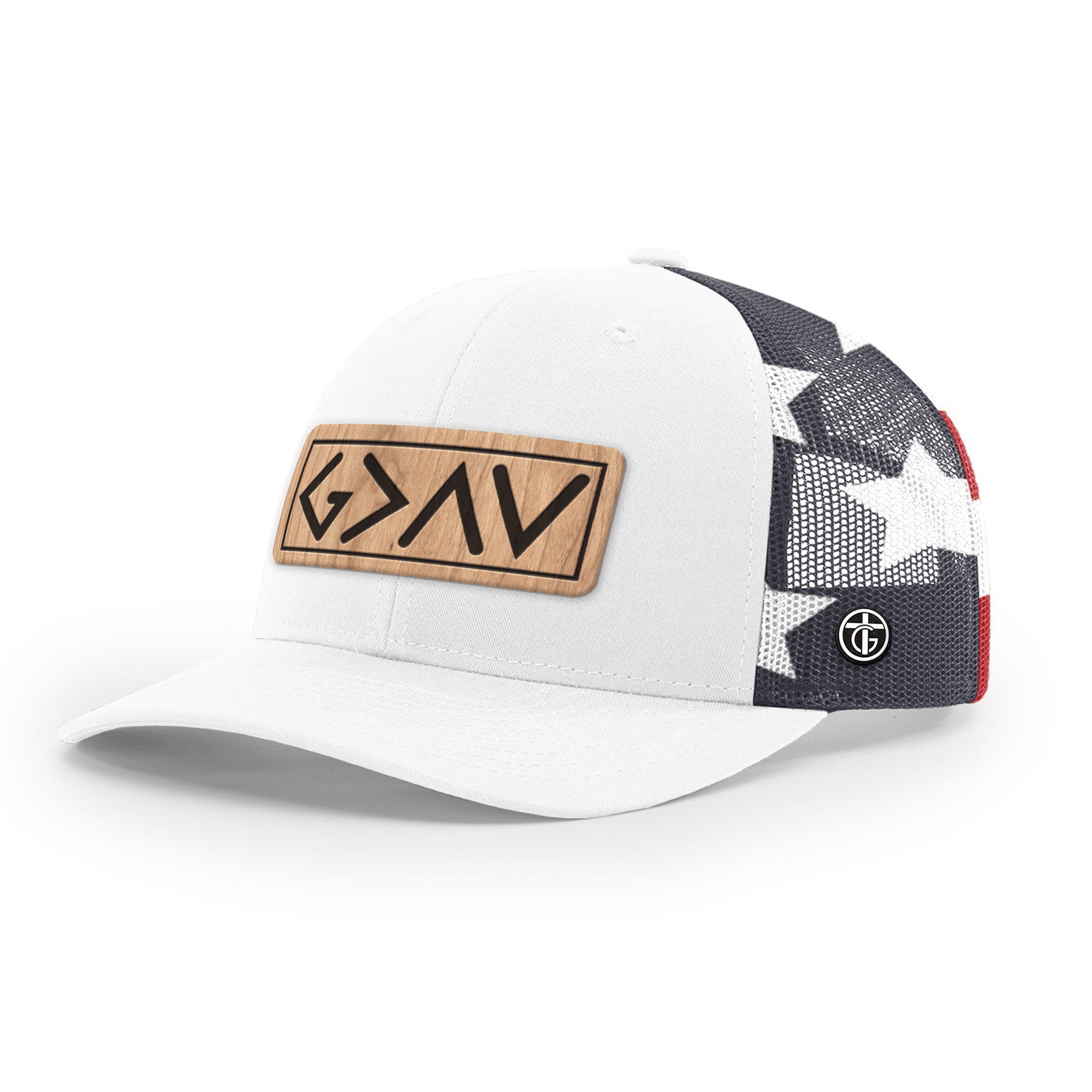 OurTrueGod Customs Hat Snapback / White and Stars Stripes / One Size God Is Greater Than The Highs And Lows Wood Patch Camo Hats