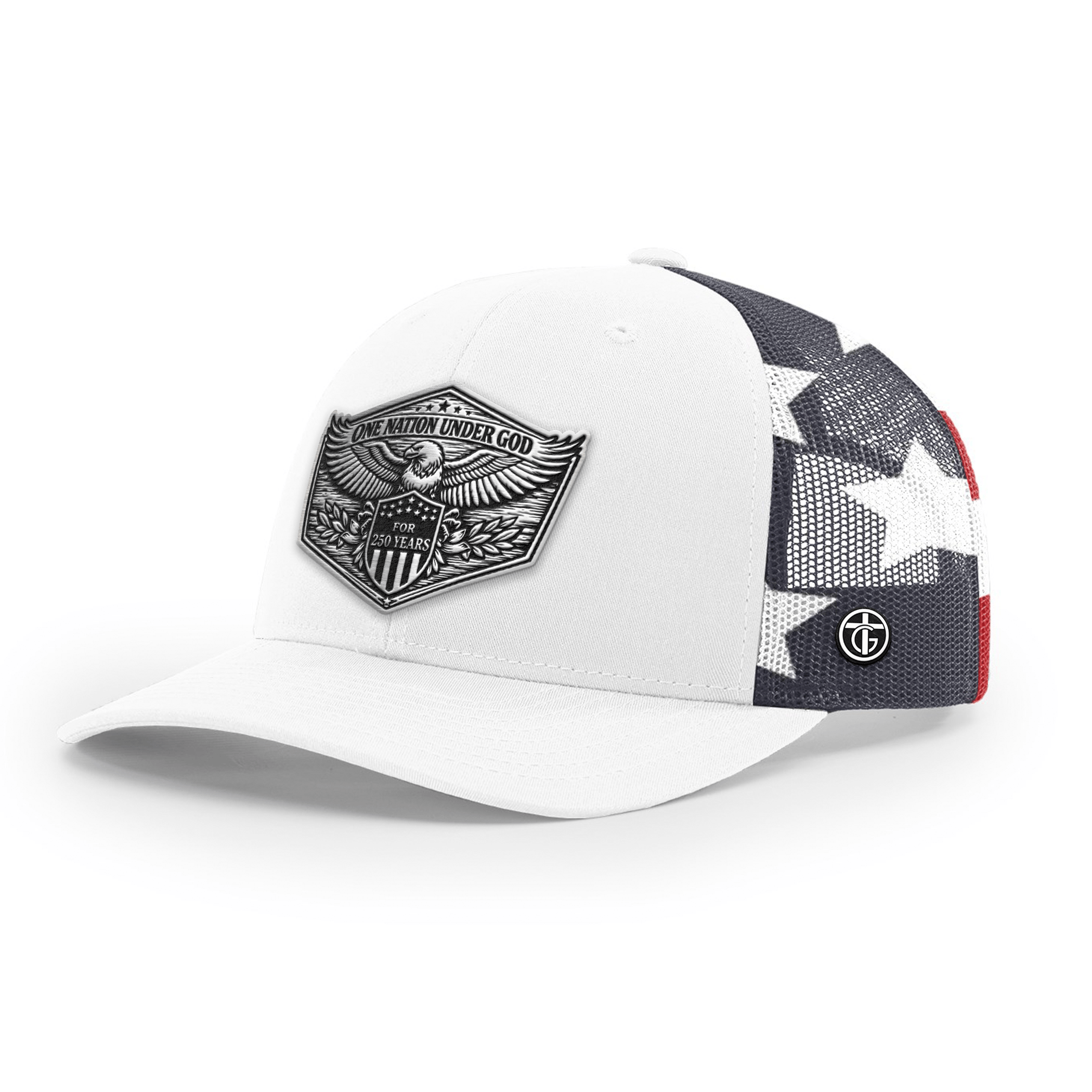 OurTrueGod Customs Hat Snapback / White and Stars Stripes / One Size One Nation Under God 250th Year Hat