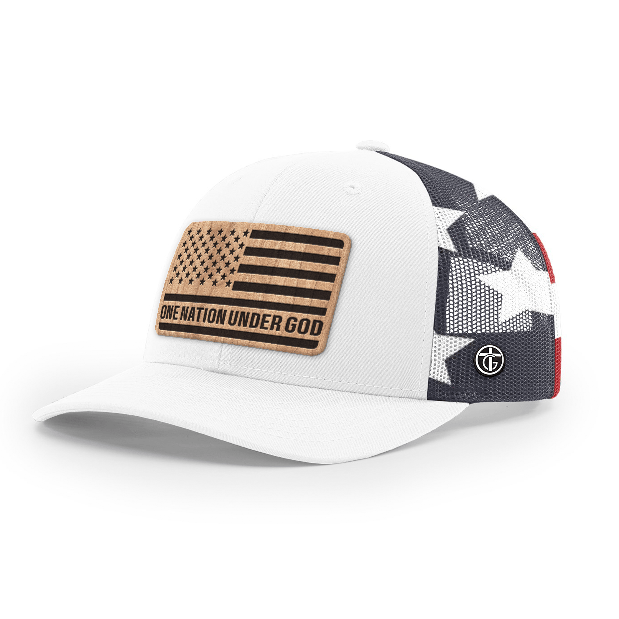 OurTrueGod Customs Hat Snapback / White and Stars Stripes / One Size One Nation Under God Wood Patch Camo Hats