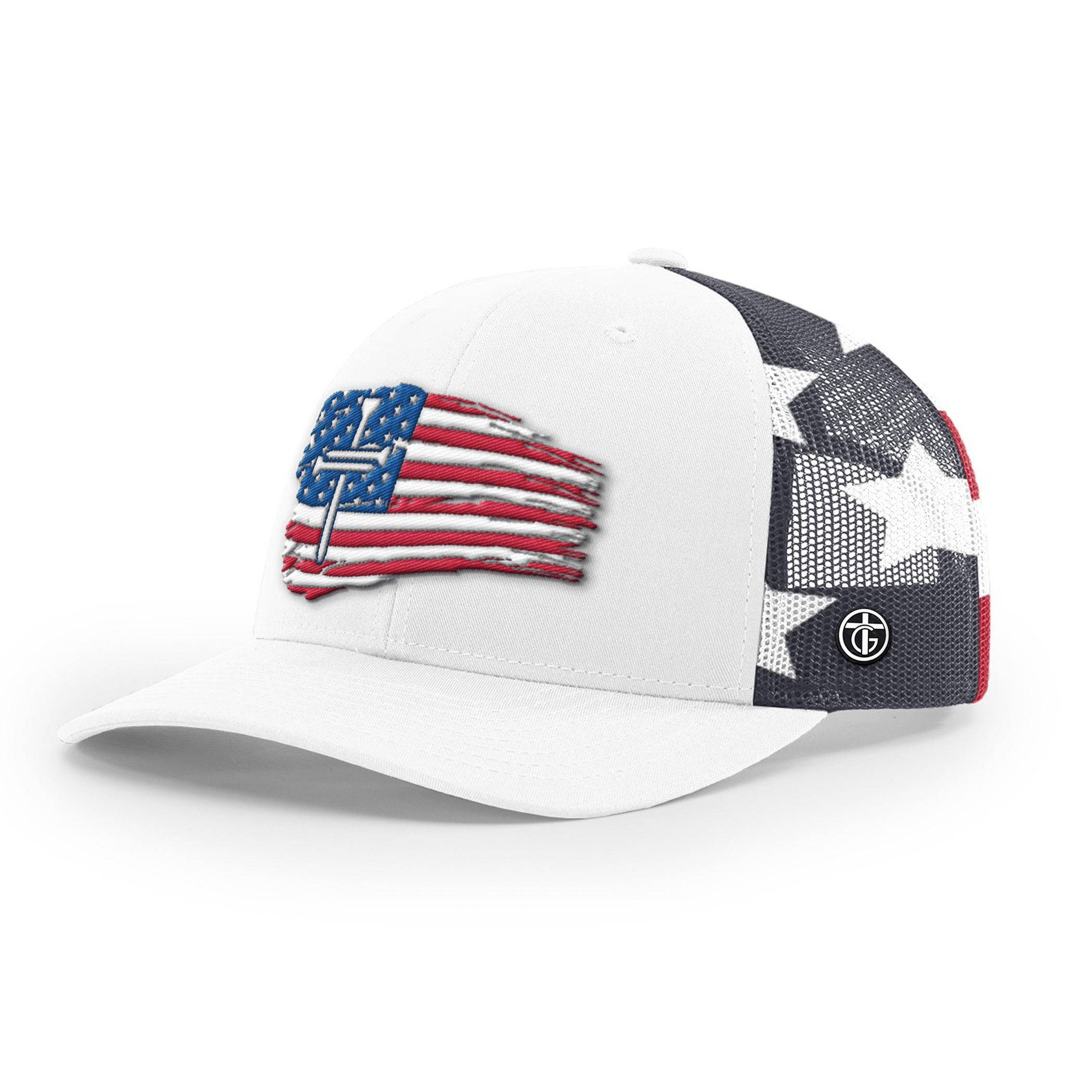 OurTrueGod Customs Hat Snapback / White and Stars Stripes / One Size Tattered Flag Cross Camo Hats