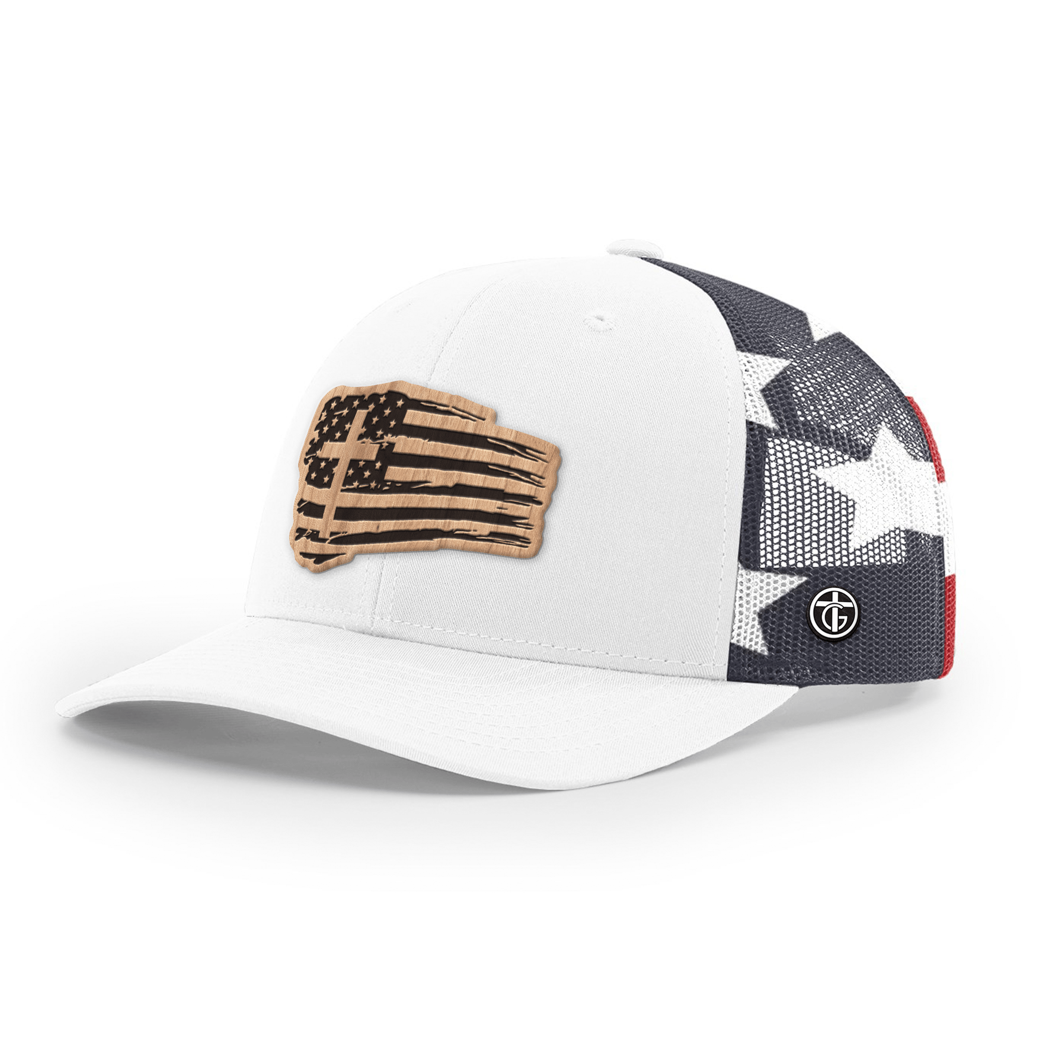 OurTrueGod Customs Hat Snapback / White and Stars Stripes / One Size Tattered Flag Wood Patch Camo Hats
