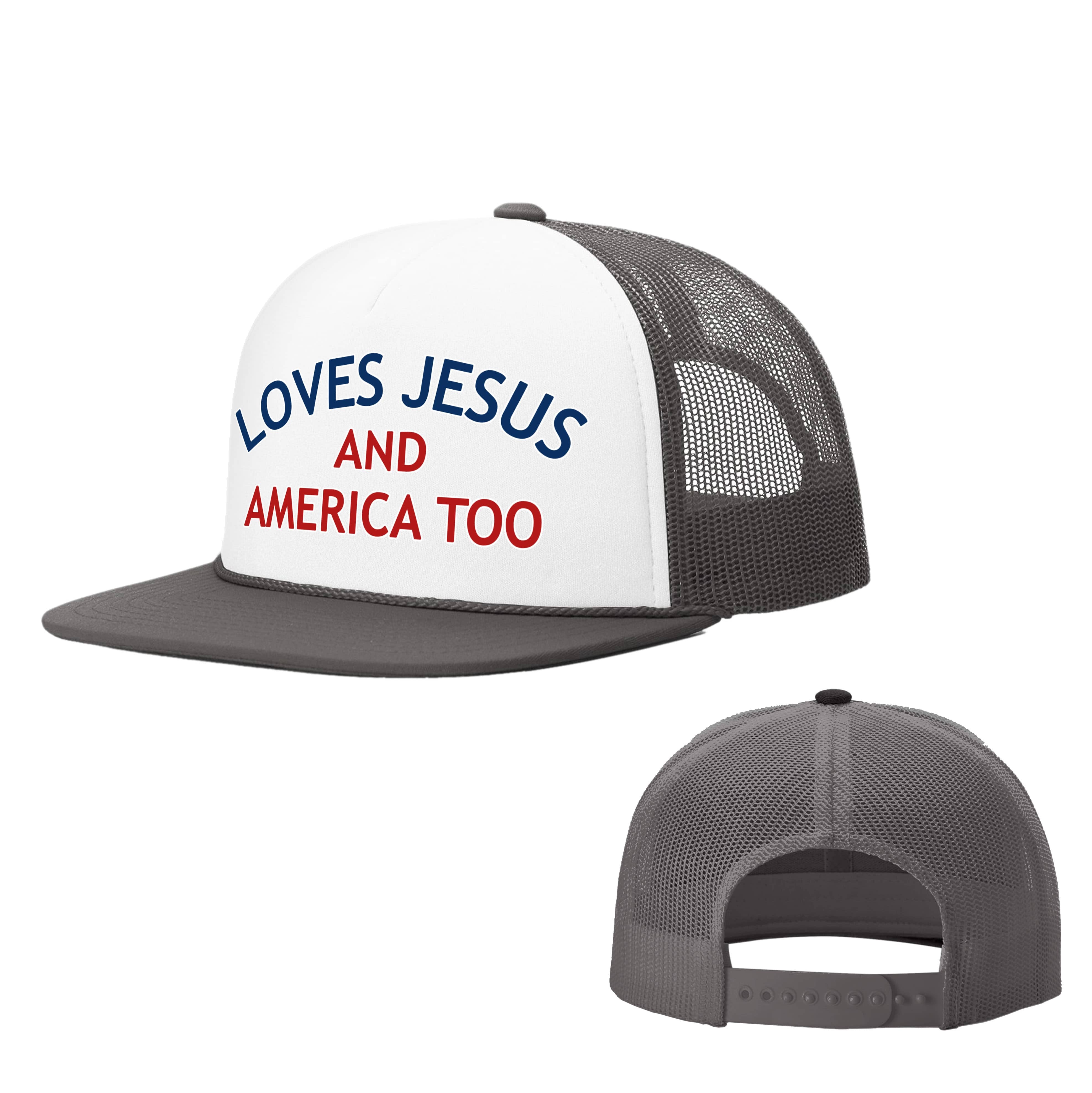 OurTrueGod Customs Hat White and Charcoal / One Size Loves Jesus America Too Foam Trucker Hats