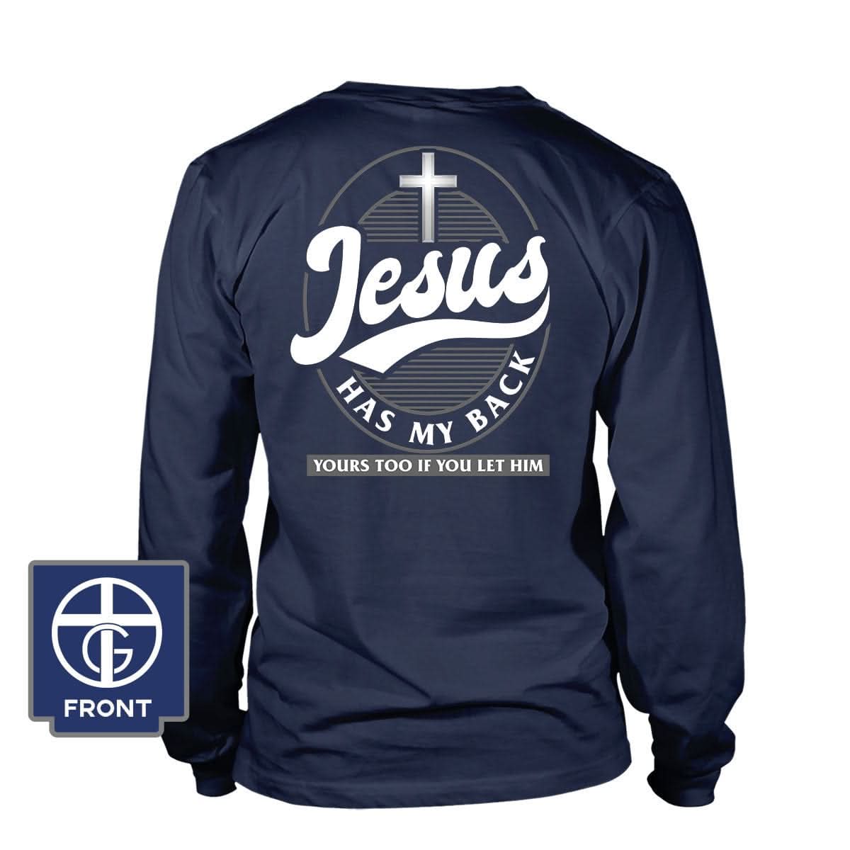 Our True God Apparel Long Sleeves / Navy / S Jesus Has My Back (Back Print) Long Sleeve T-Shirt