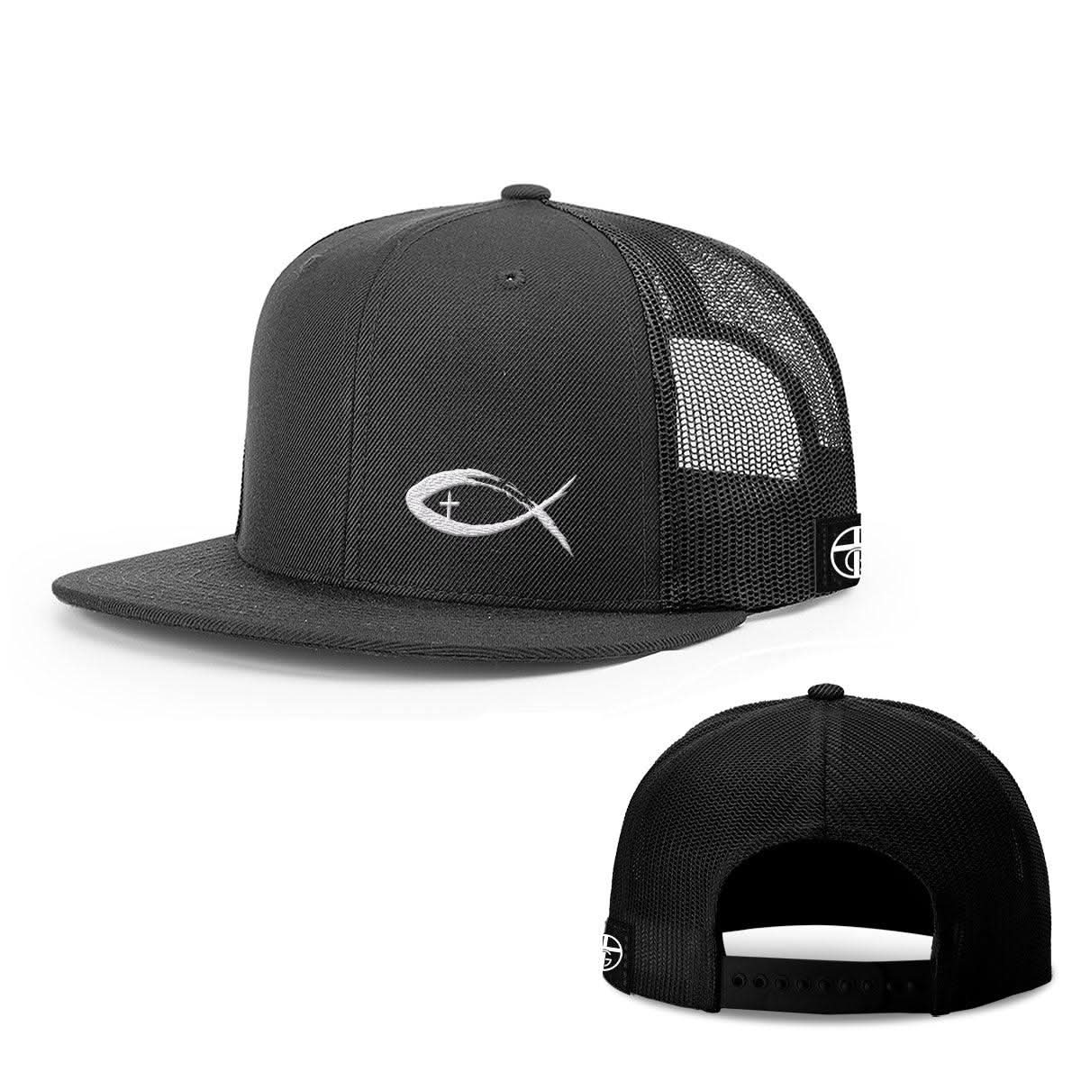 Our True God Hat Snapback Flatbill / Full Black / One Size Jesus Fish V2 Lower Left Hats