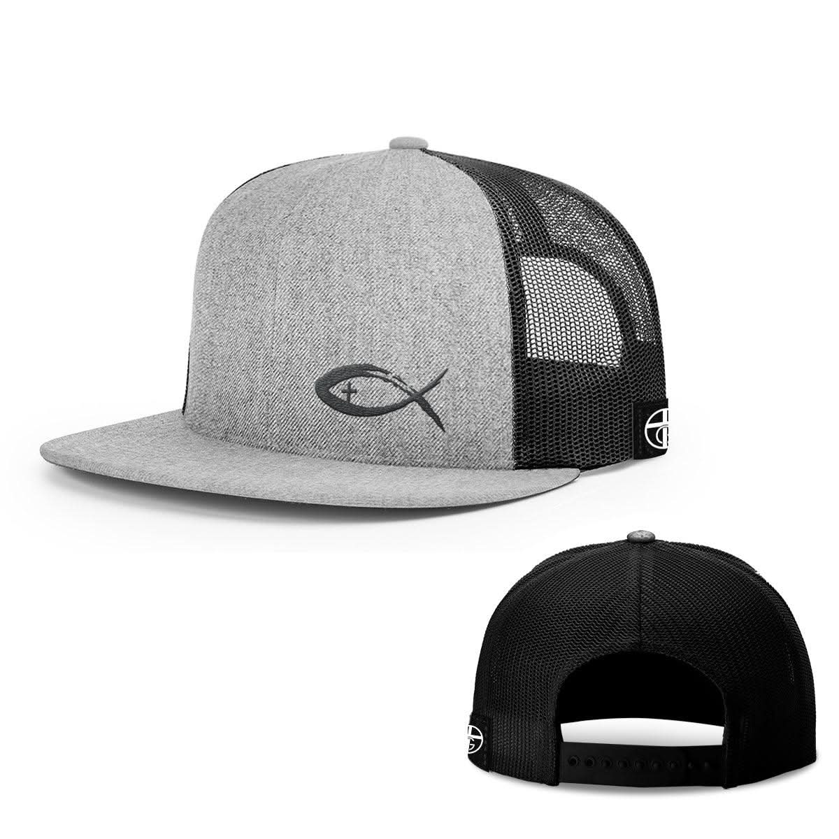 Our True God Hat Snapback Flatbill / Heather and Black / One Size Jesus Fish V2 Lower Left Hats