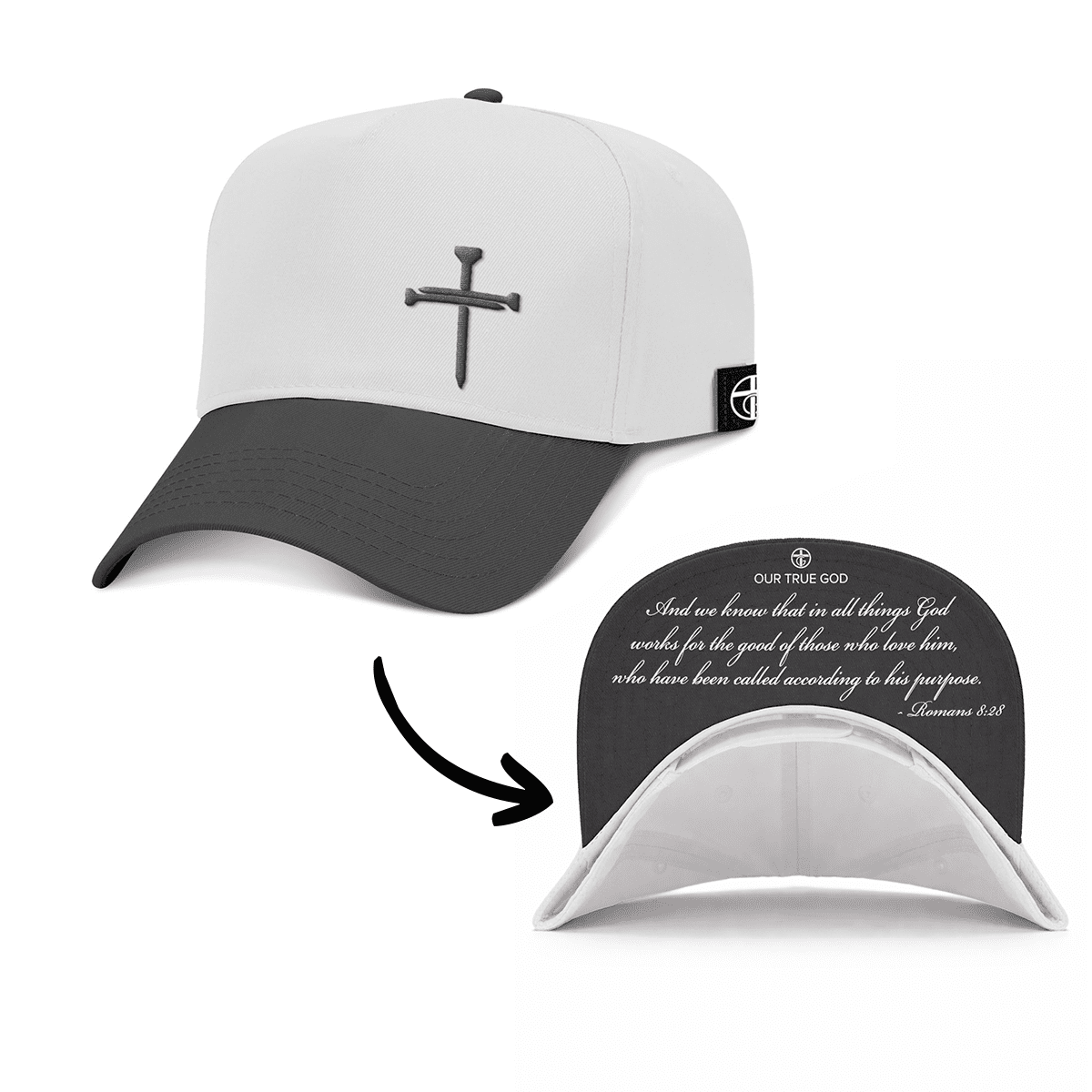 3 Nail Cross - Romans 8:28 Two Tone Hats - Our True God