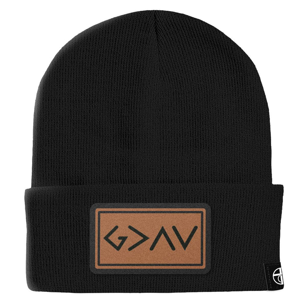 God is Greater Than High and Lows Leather Patch Beanies - Our True God
