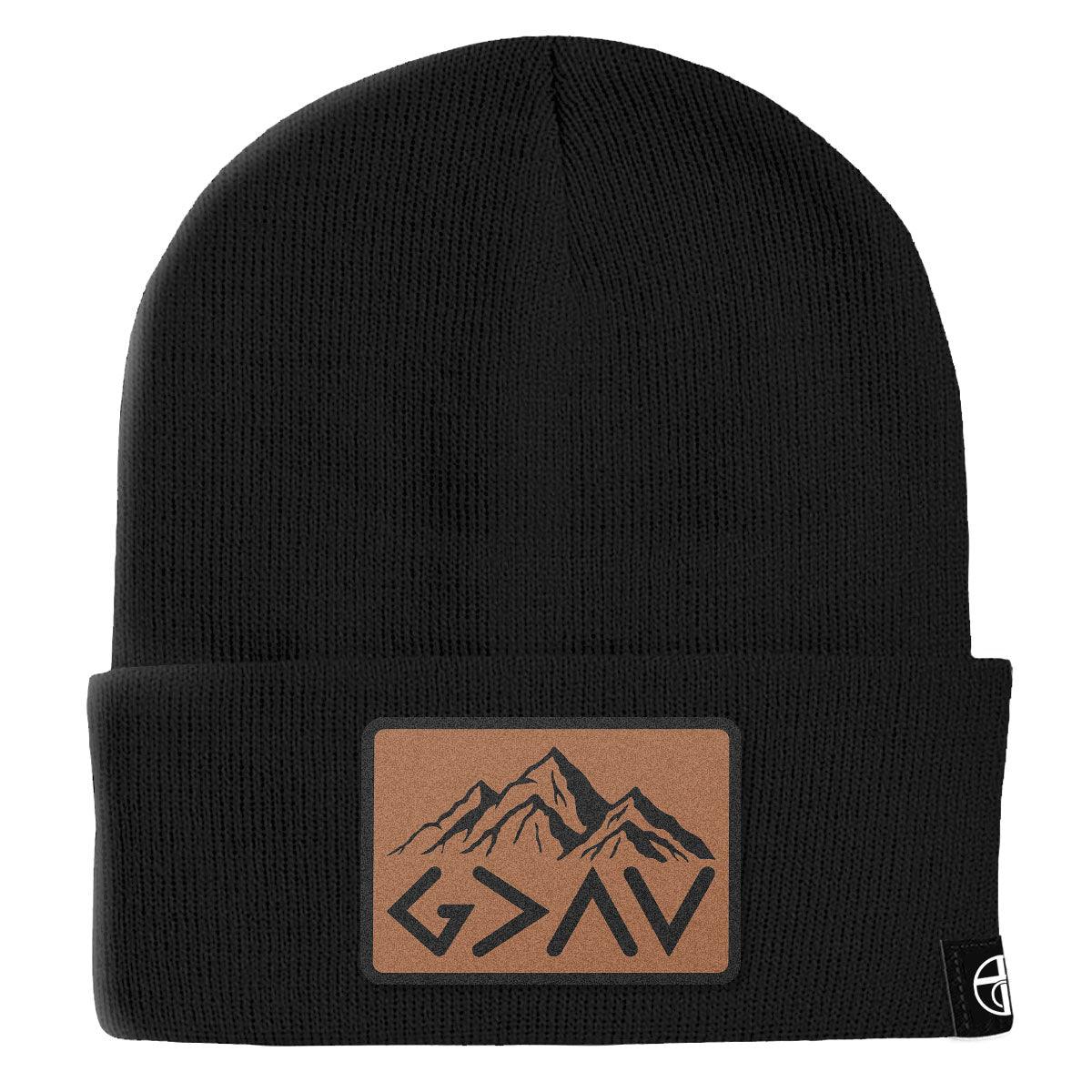 God Is Greater Than The Highs And Lows Mountain Leather Patch Beanies