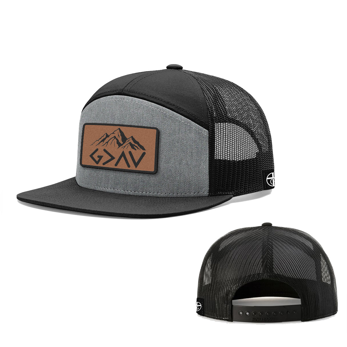 God Is Greater Than The Highs And Lows Mountain Leather Patch 7 Panel Hats