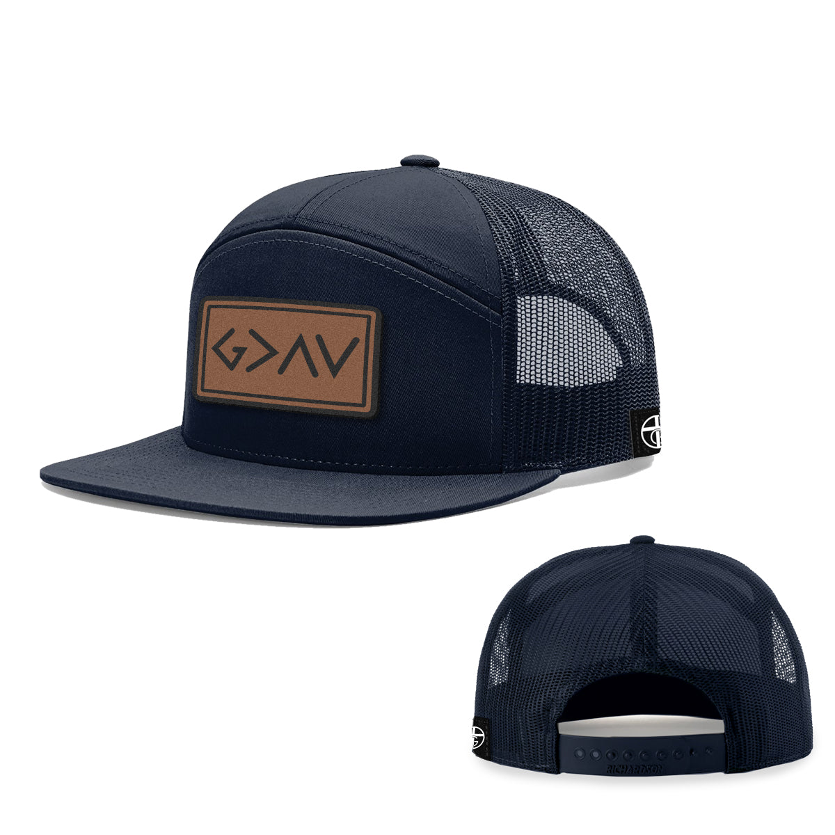 God is Greater Than High and Lows Leather Patch 7 Panel Hats