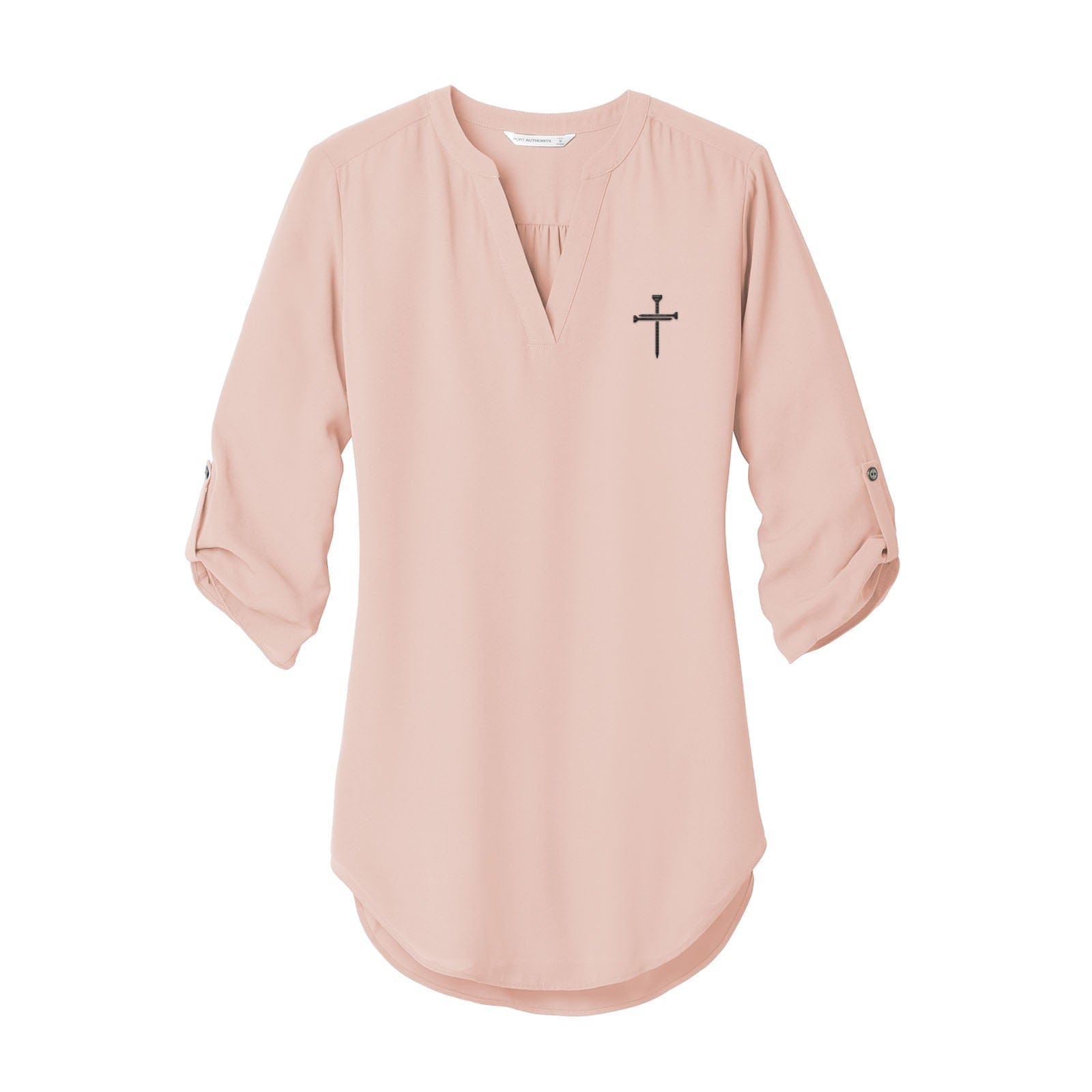 EDGE Printed Products Apparel 3/4-Sleeve Tunic Blouse / Rose Quartz / XS Nail Cross Women's 3/4 Sleeve Tunic Blouse