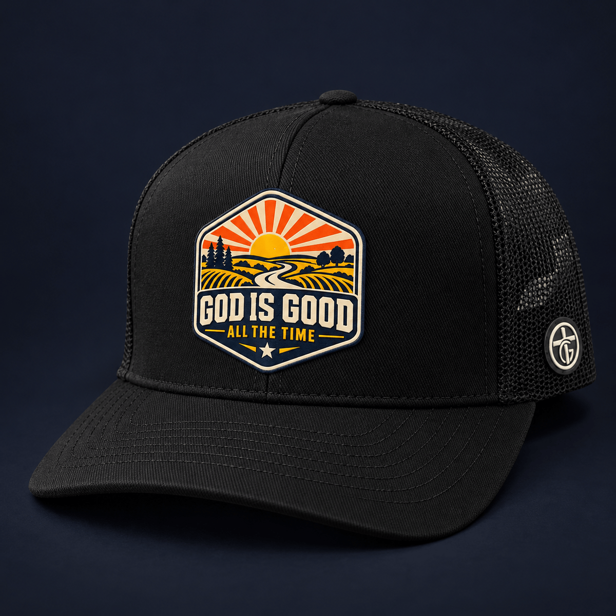All-black front and black mesh God Is Good trucker hat with the original full-color patch