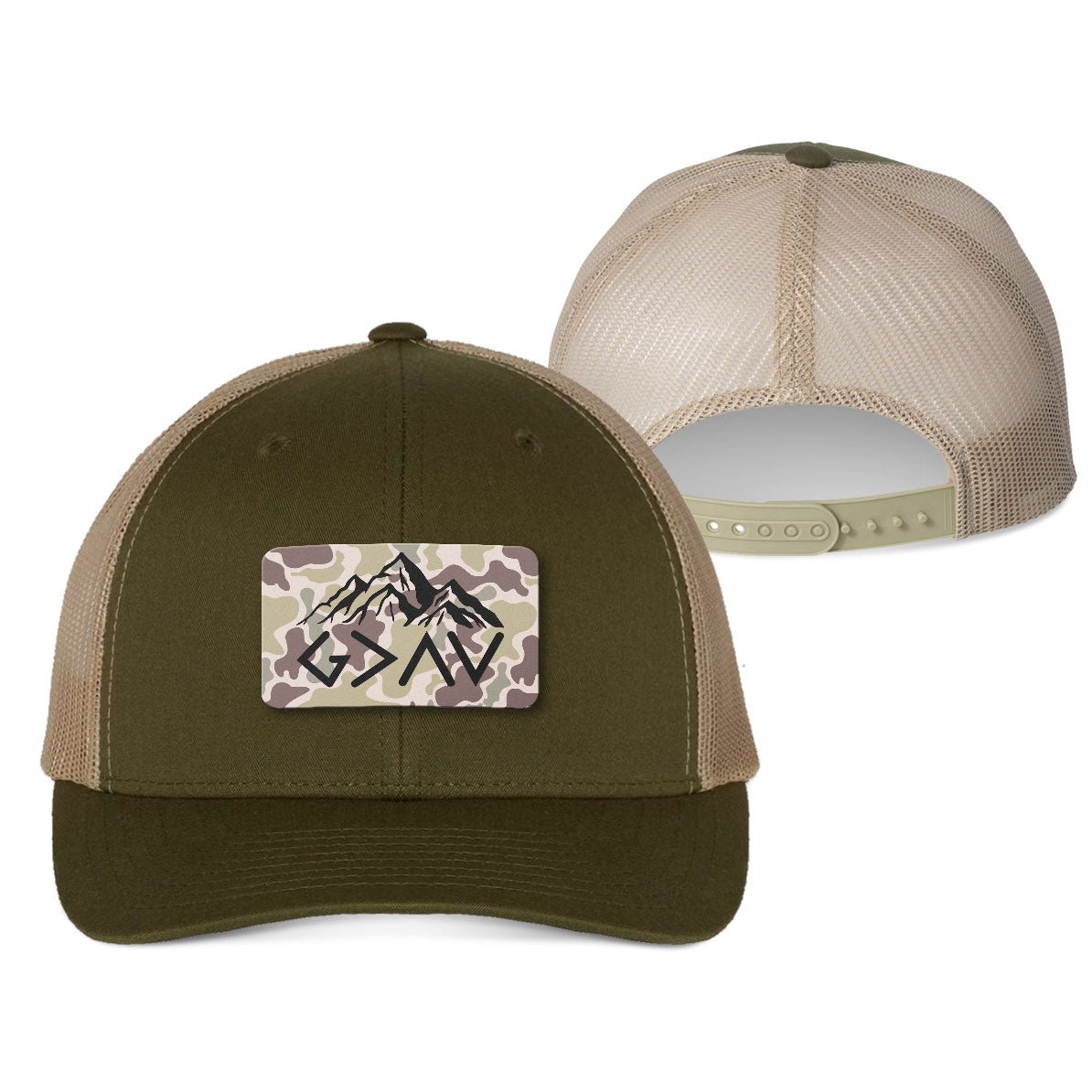 God Is Greater Than The Highs And Lows Mountain Duck Camo Patch Fall Collection Hats - Our True God