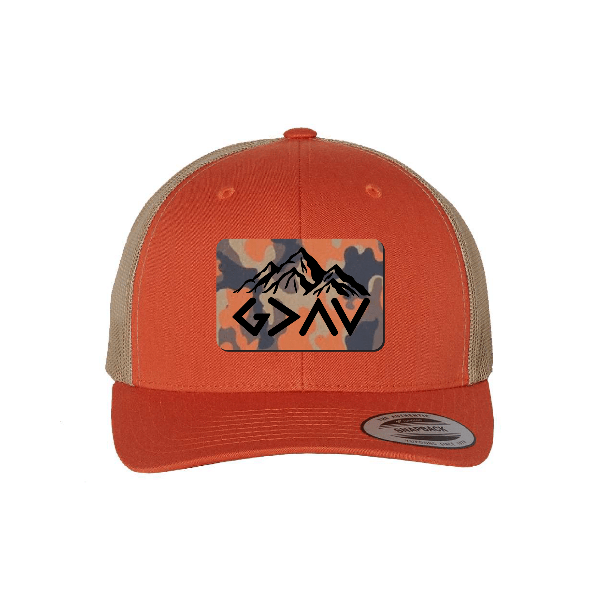 God Is Greater Than The Highs And Lows Mountain Orange Camo Patch Fall Collection Hats - Our True God