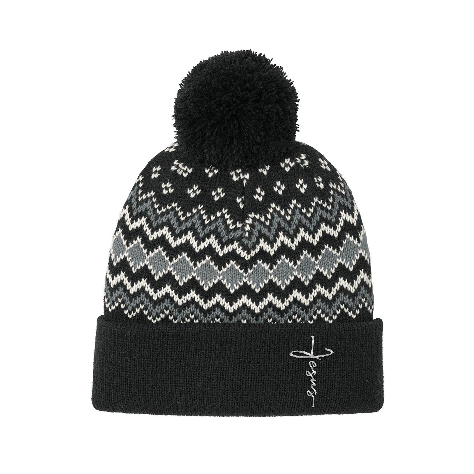 Jesus Cross Lower Left Knit Pom Beanies - Our True God