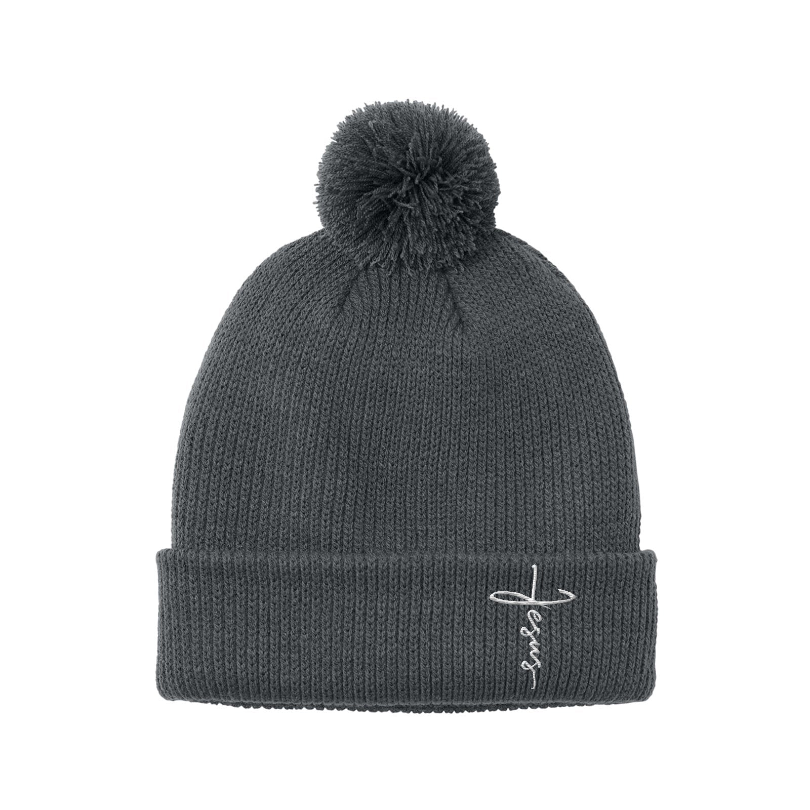 Jesus Cross Lower Left Pom Beanies - Our True God
