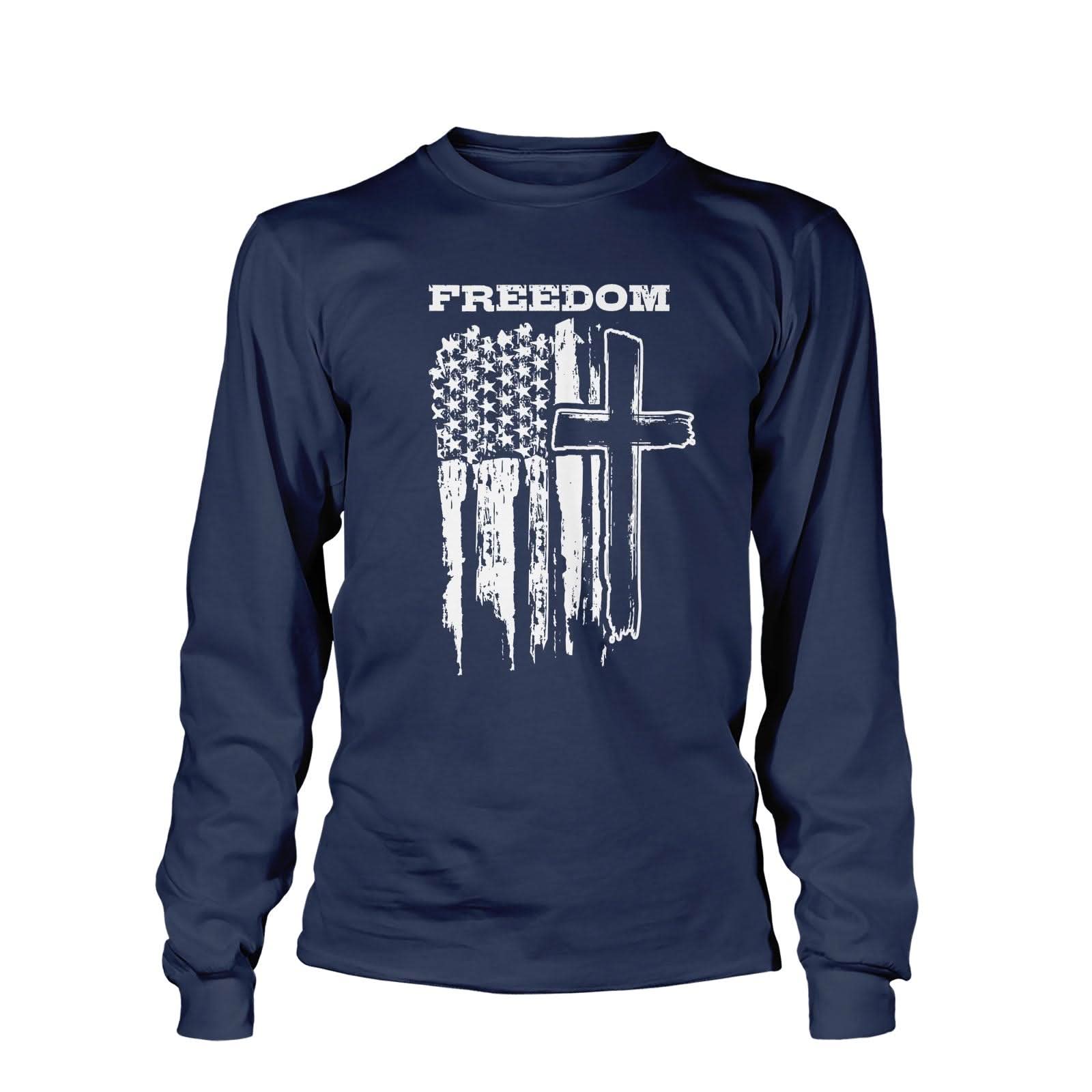 Our True God Apparel Long Sleeves / Navy / S Freedom Cross Vertical Flag Long Sleeve T-Shirt