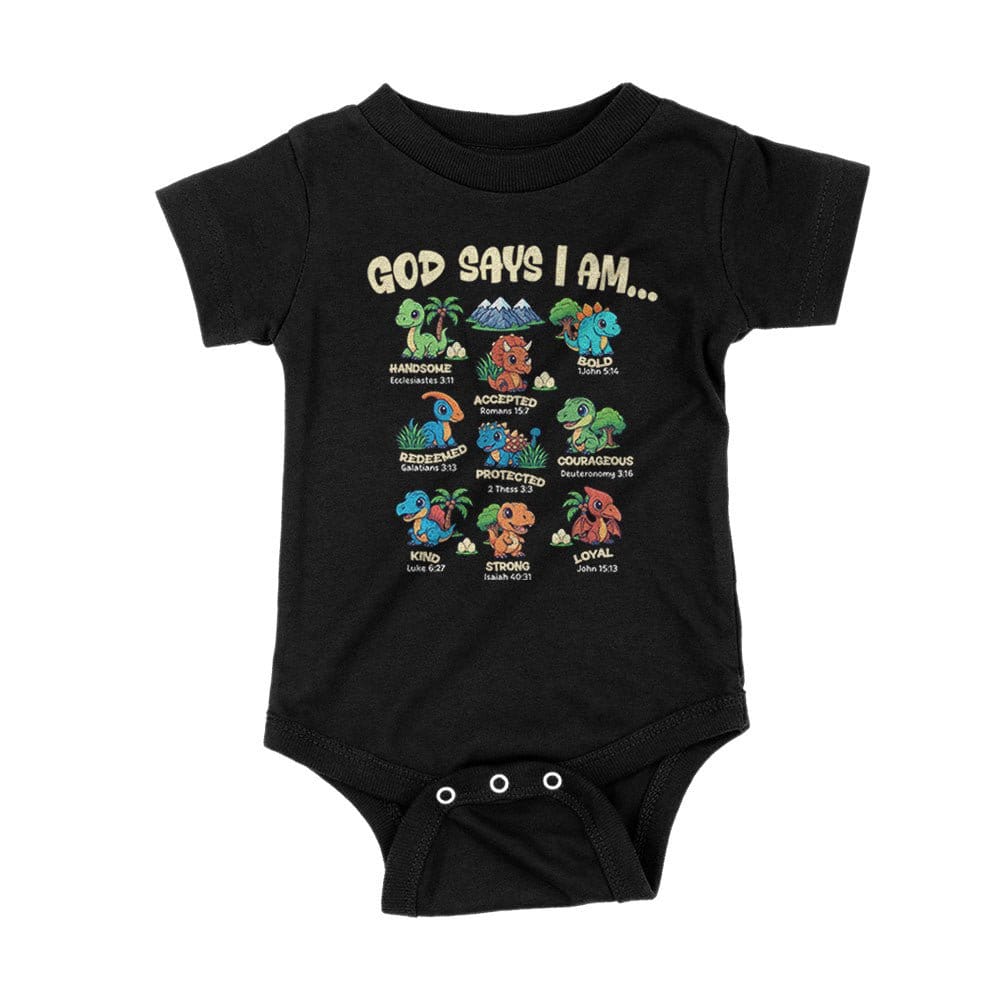 Our True God Apparel Onesie / Black / NB God says I am Dinosaurs Kids Shirts