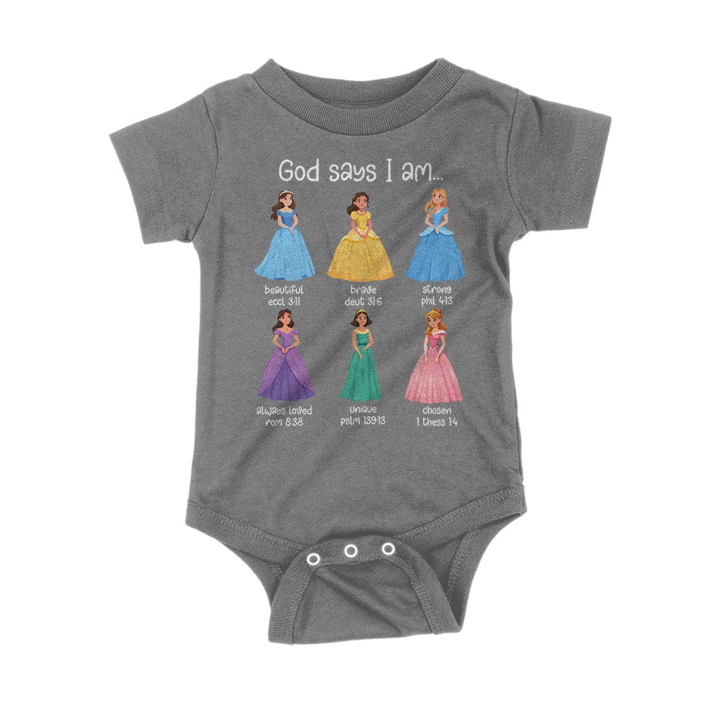 Our True God Apparel Onesie / Charcoal / NB God Says I Am Princess Kids Shirts