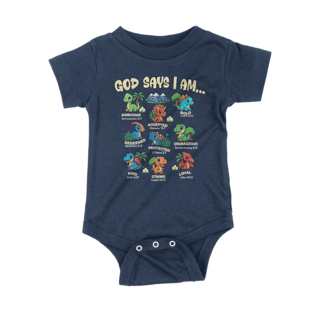 Our True God Apparel Onesie / Navy Blue / NB God says I am Dinosaurs Kids Shirts